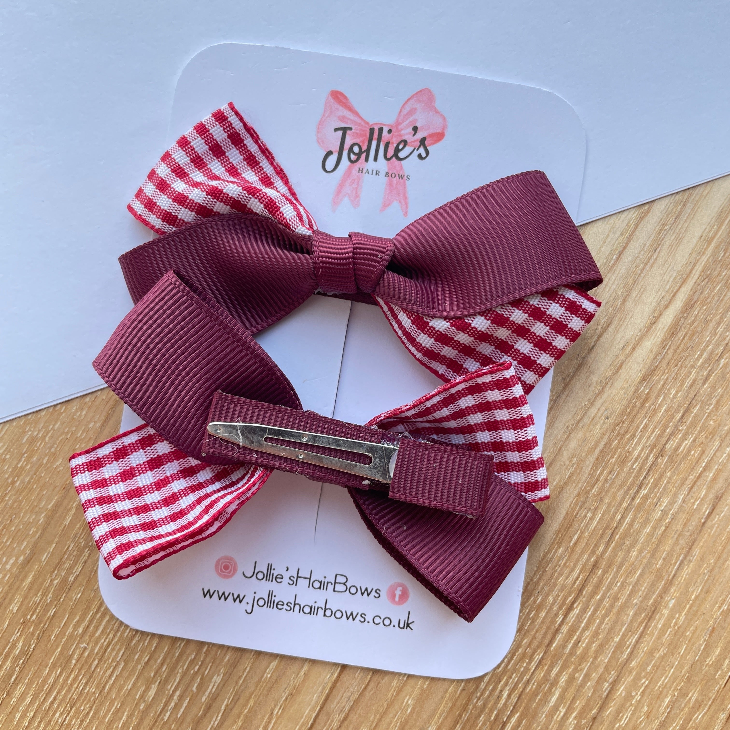 3" Burgundy Gingham Bow with Clip (Pair) – Grosgrain Ribbon Hair Bows for Girls