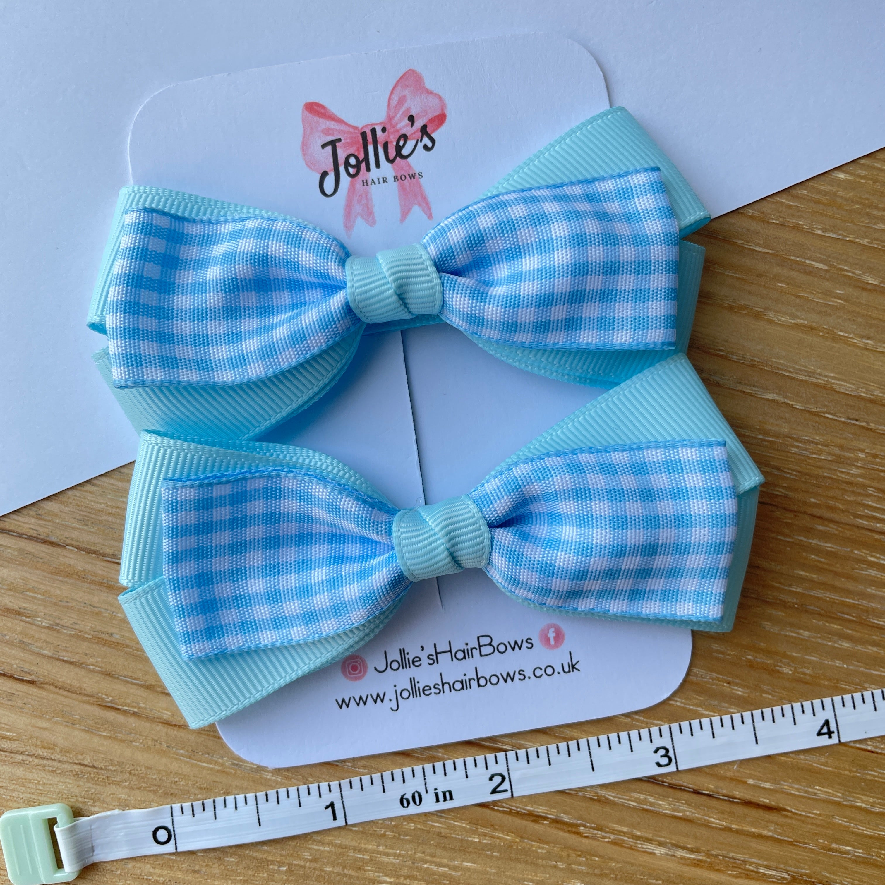 3.5" Light Blue Gingham Bow with Clip (Pair) – Grosgrain Ribbon Hair Bows for Girls