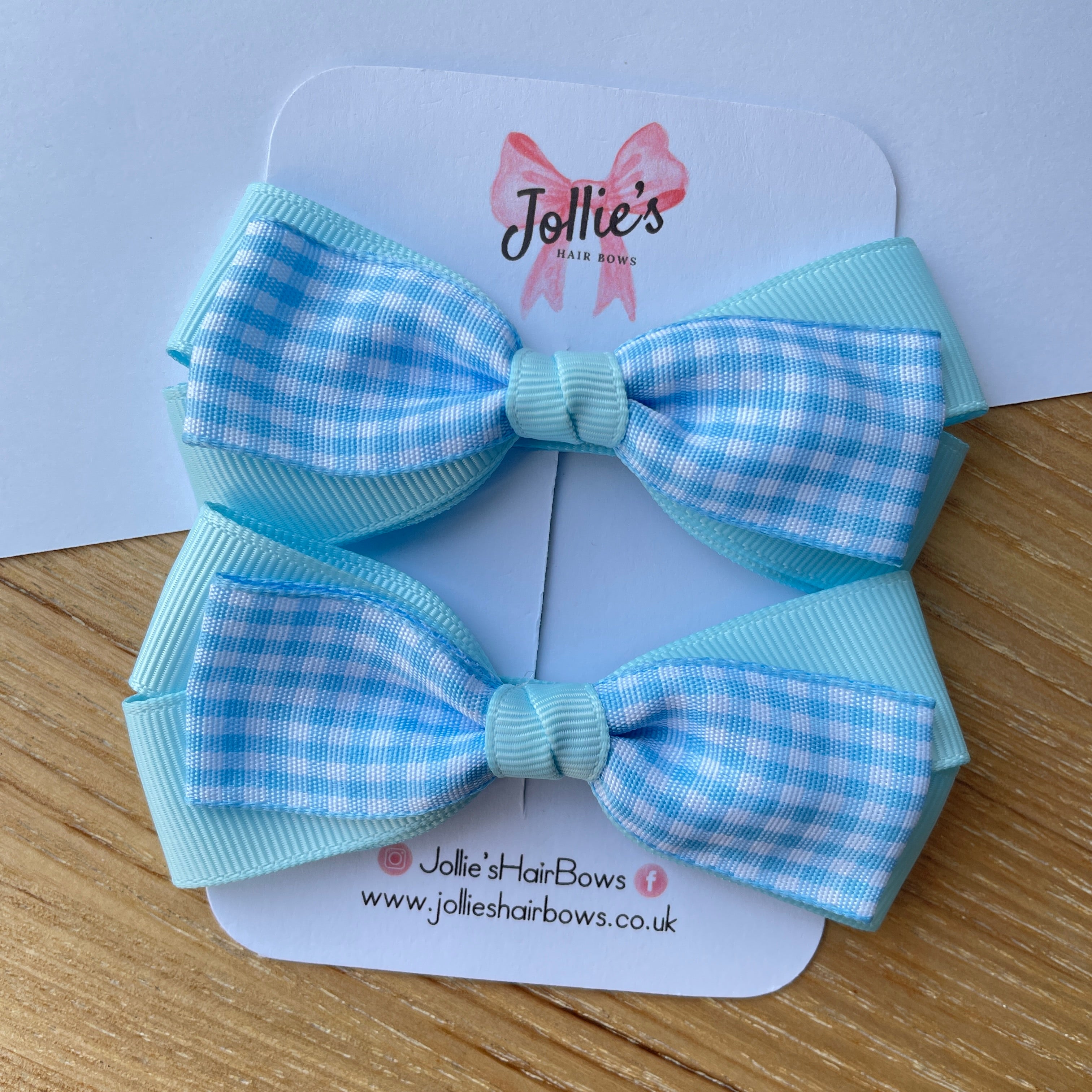 3.5" Light Blue Gingham Bow with Clip (Pair) – Grosgrain Ribbon Hair Bows for Girls