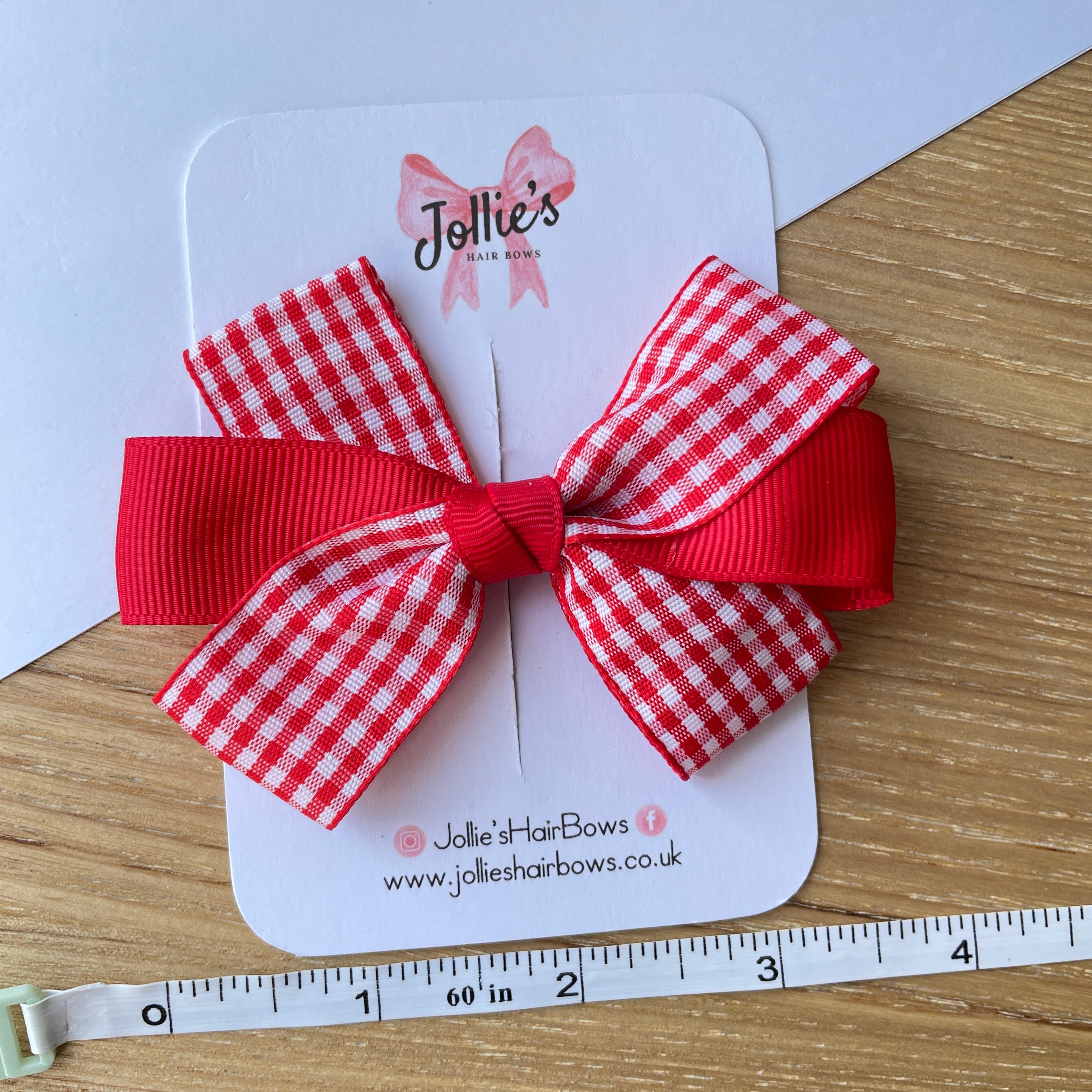 3.5" Red Gingham Hair Bow – Grosgrain Ribbon with Lined Alligator Clip