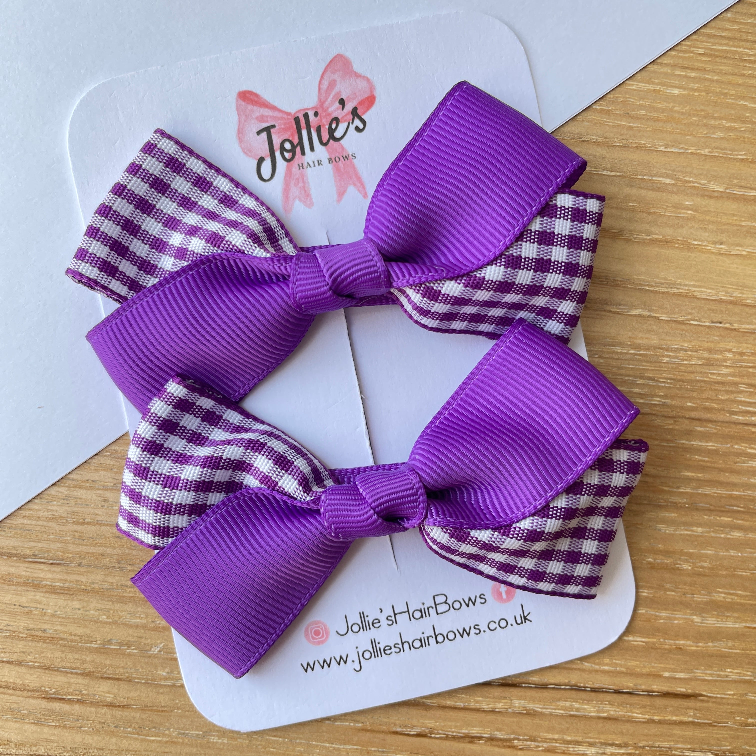 3" Purple Gingham Bow with Clip (Pair) – Grosgrain Ribbon Hair Bows for Girls