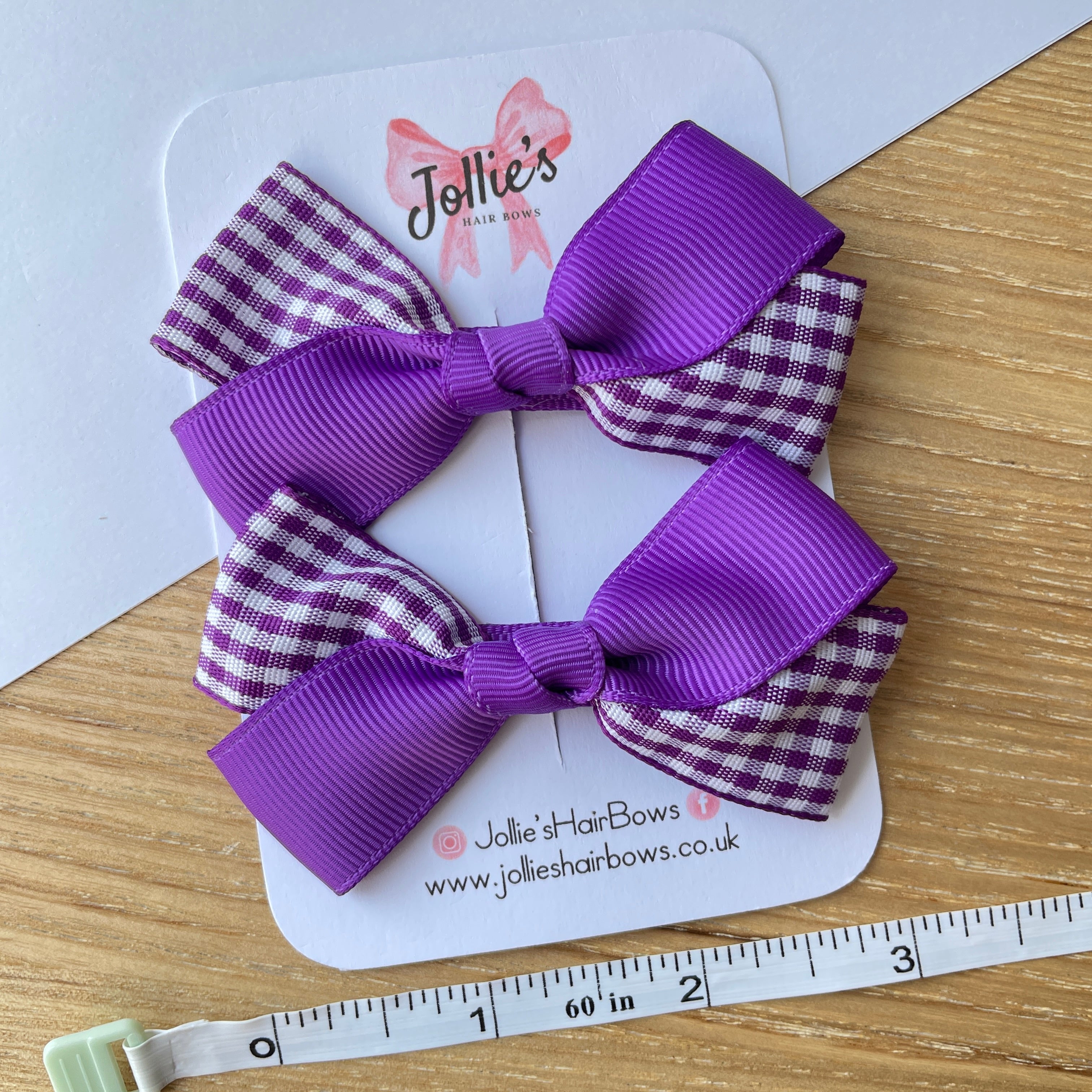 3" Purple Gingham Bow with Clip (Pair) – Grosgrain Ribbon Hair Bows for Girls