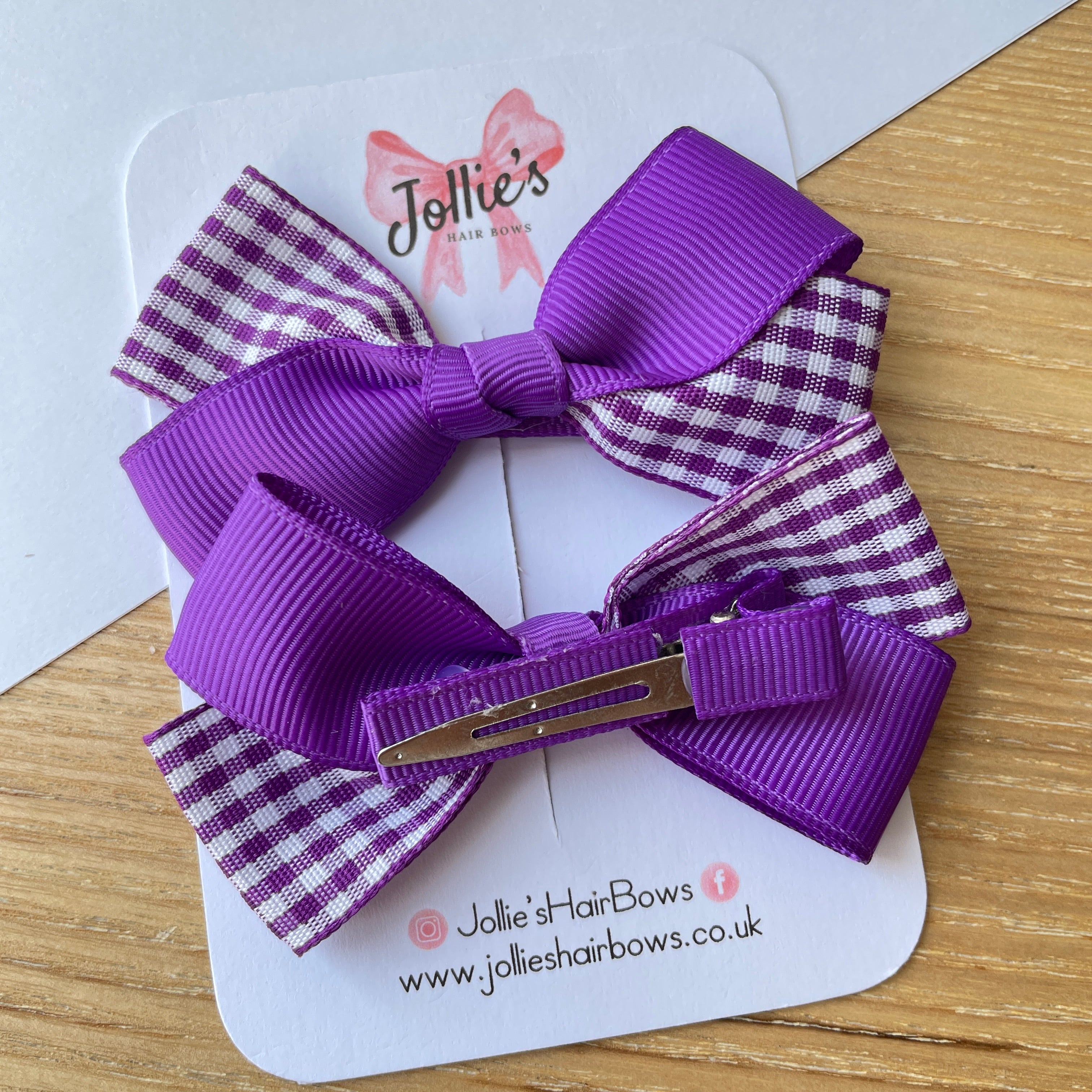 3" Purple Gingham Bow with Clip (Pair) – Grosgrain Ribbon Hair Bows for Girls