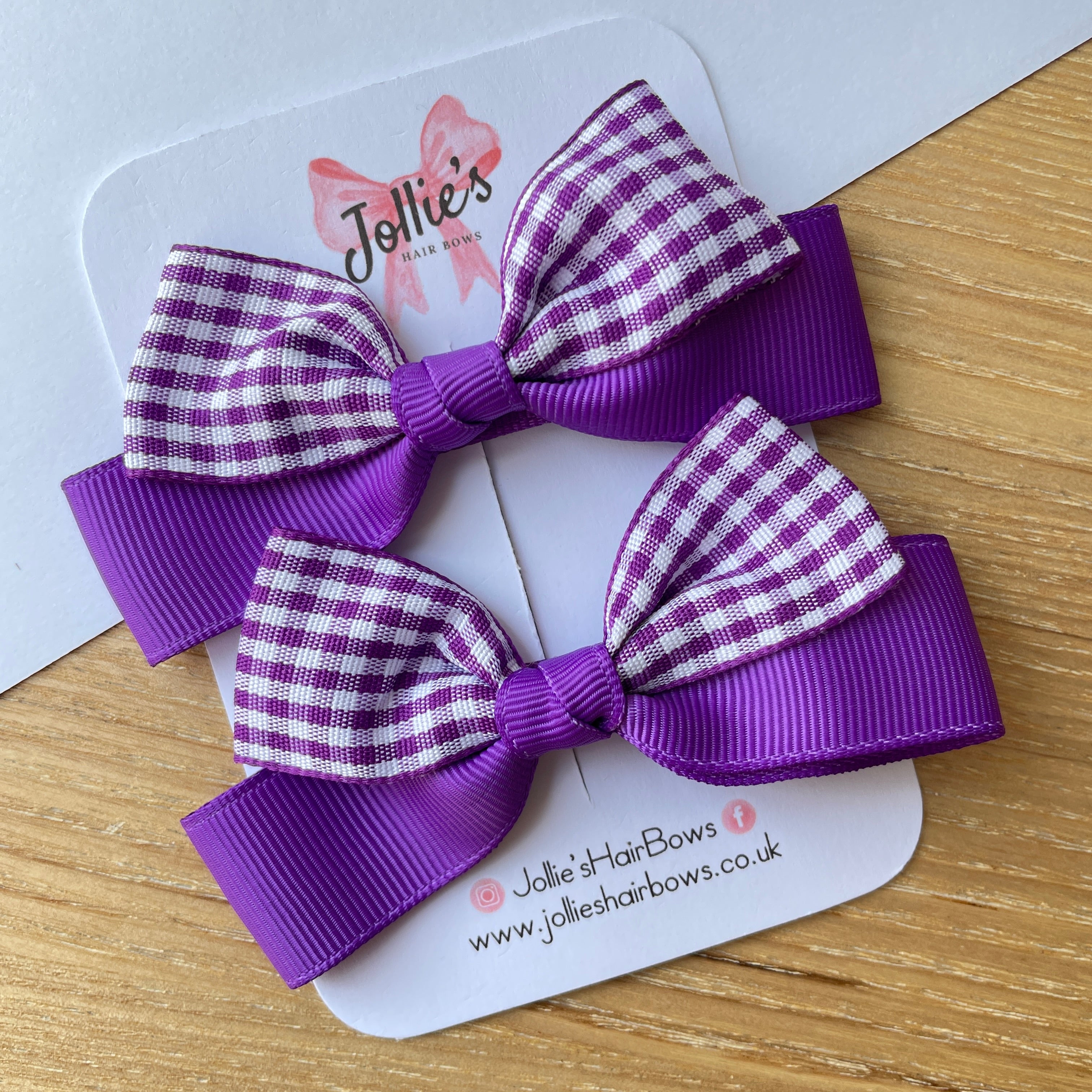 3.5" Purple Gingham Ribbon Bow Clip Set – Hair Bows for Girls (Pair)