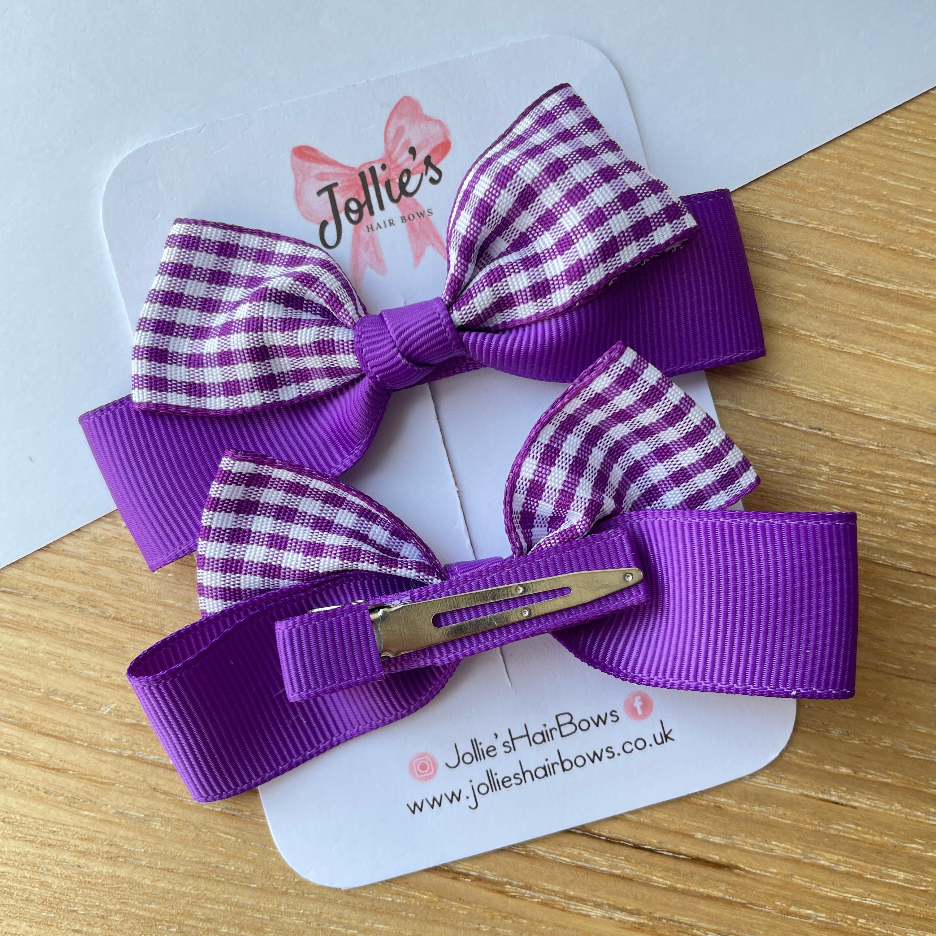 3.5" Purple Gingham Ribbon Bow Clip Set – Hair Bows for Girls (Pair)