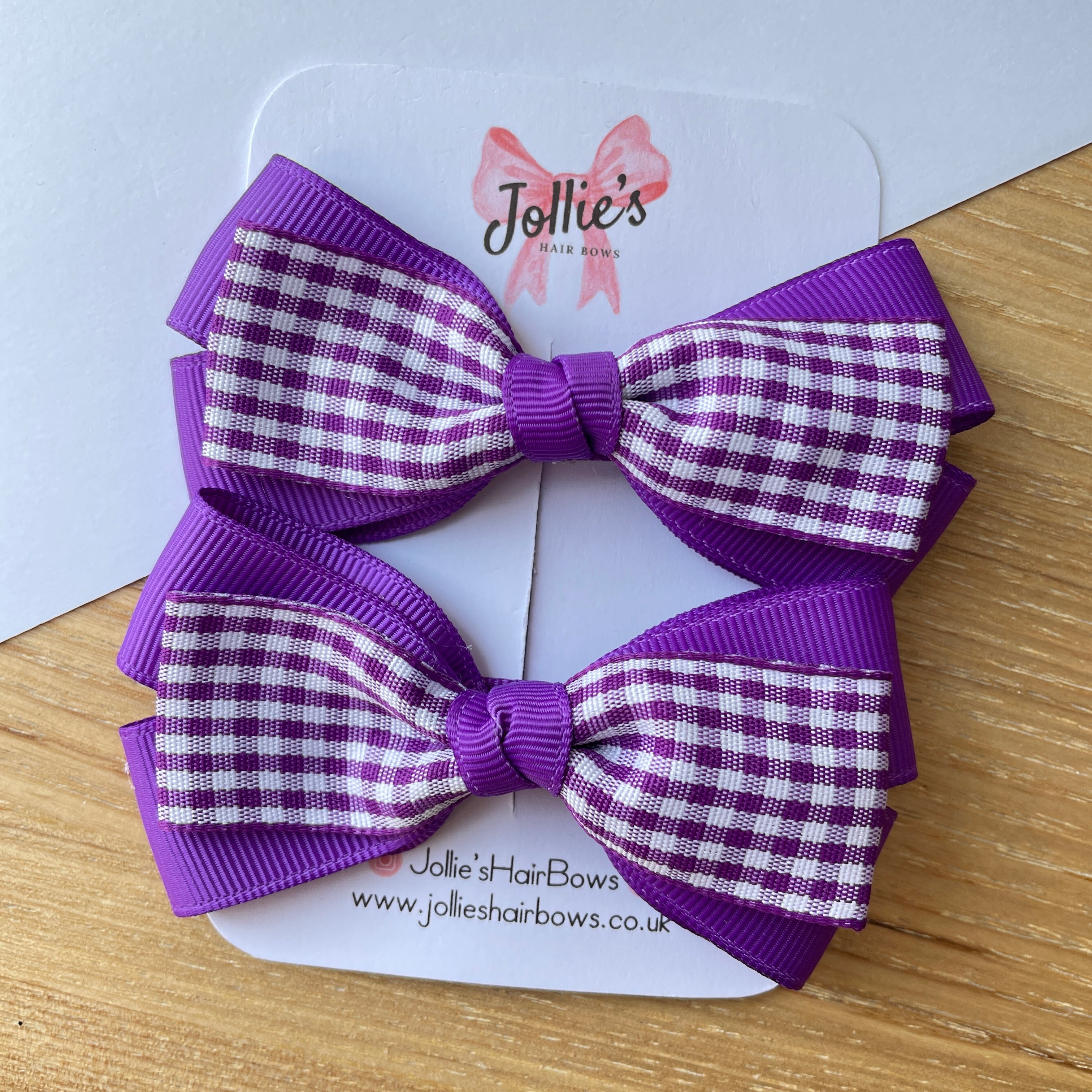 3.5" Purple Gingham Bow with Clip (Pair) – Grosgrain Ribbon Hair Bows for Girls