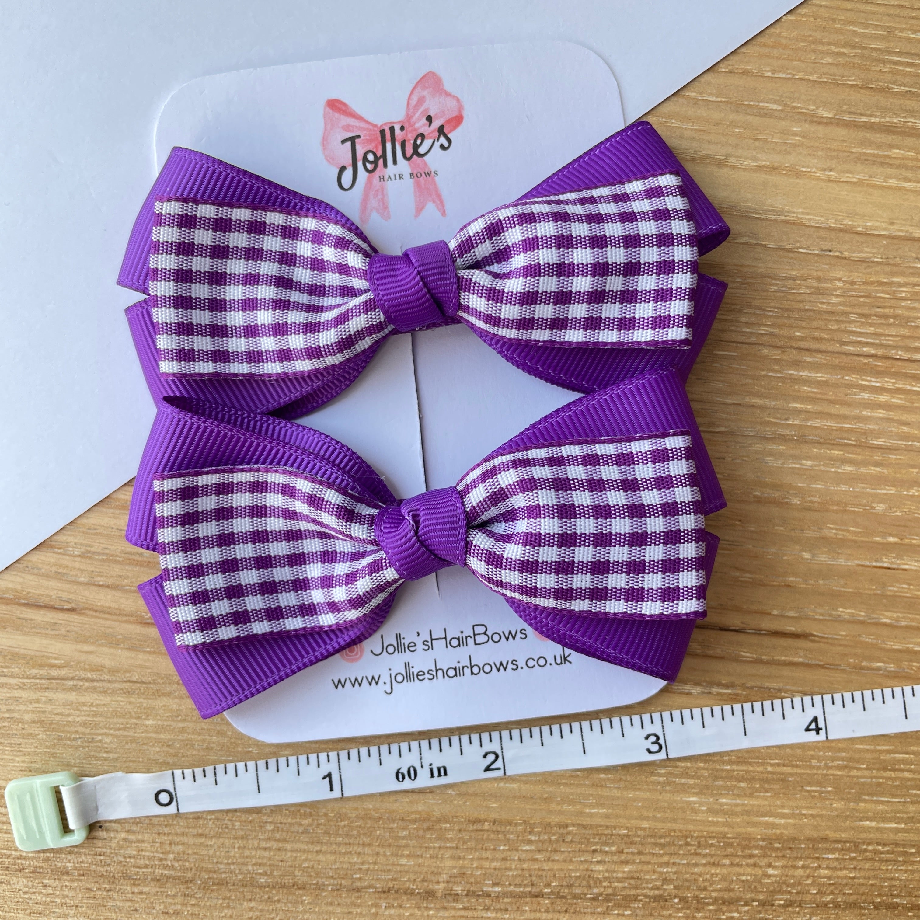 3.5" Purple Gingham Bow with Clip (Pair) – Grosgrain Ribbon Hair Bows for Girls