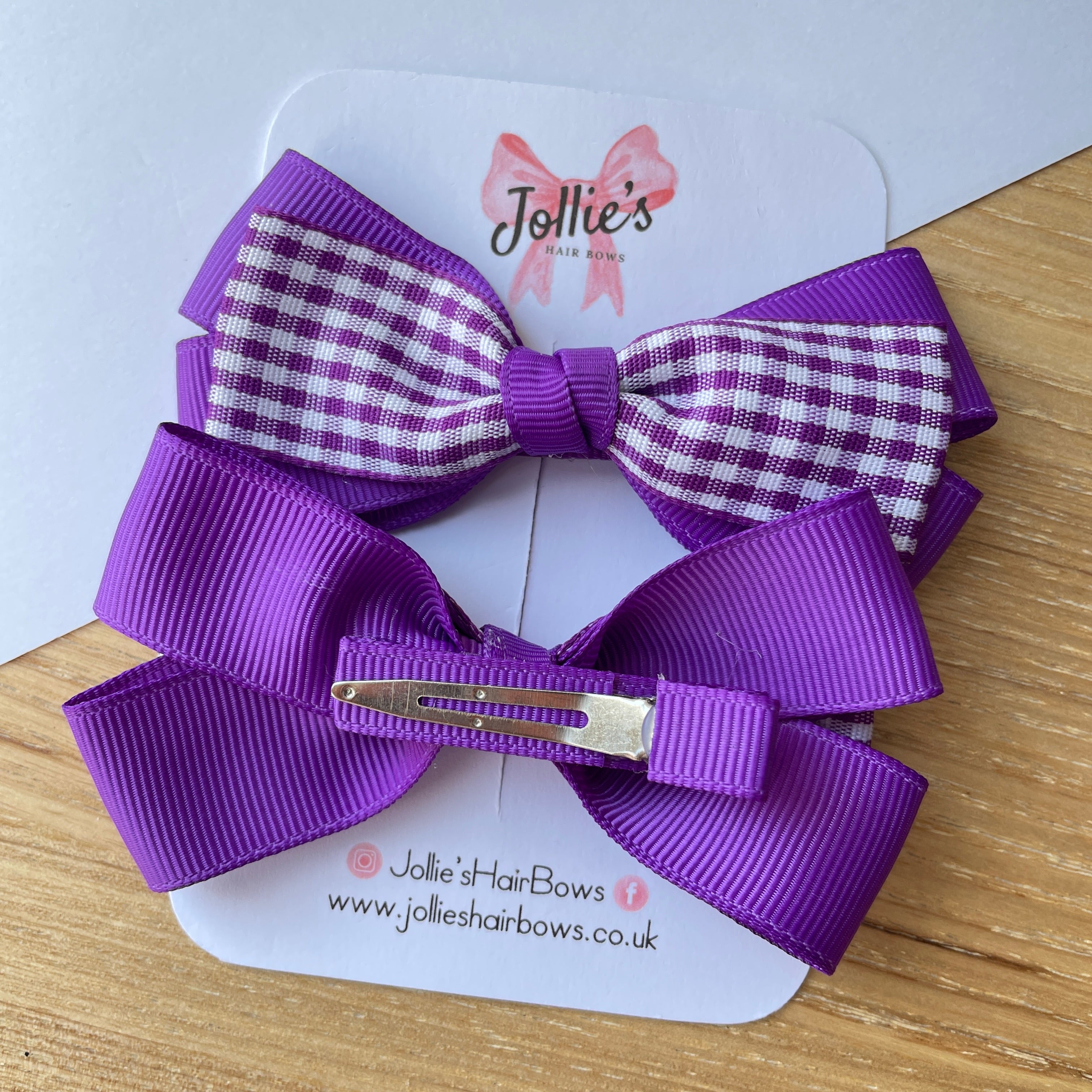 3.5" Purple Gingham Bow with Clip (Pair) – Grosgrain Ribbon Hair Bows for Girls
