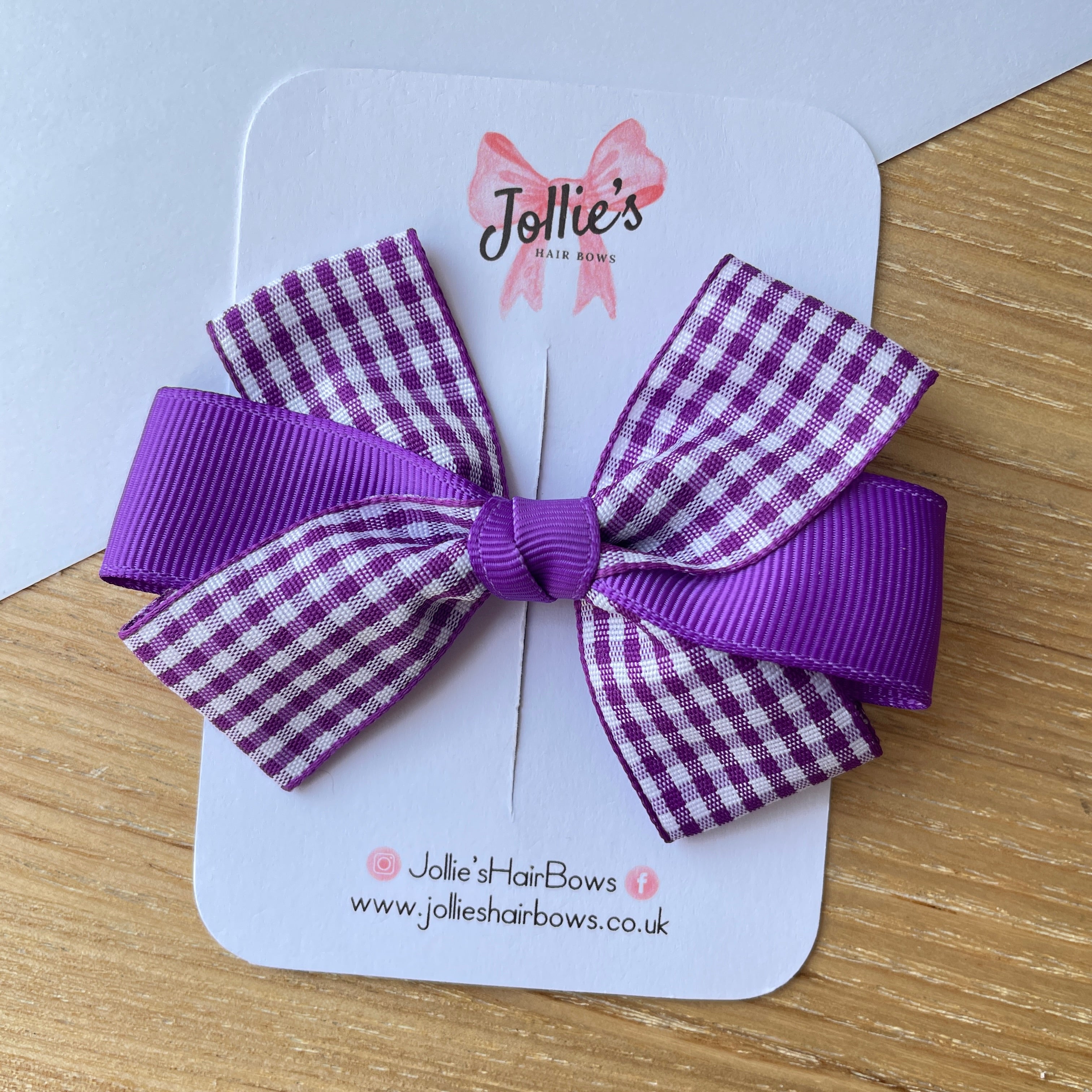 3.5" Purple Gingham Hair Bow – Grosgrain Ribbon with Lined Alligator Clip