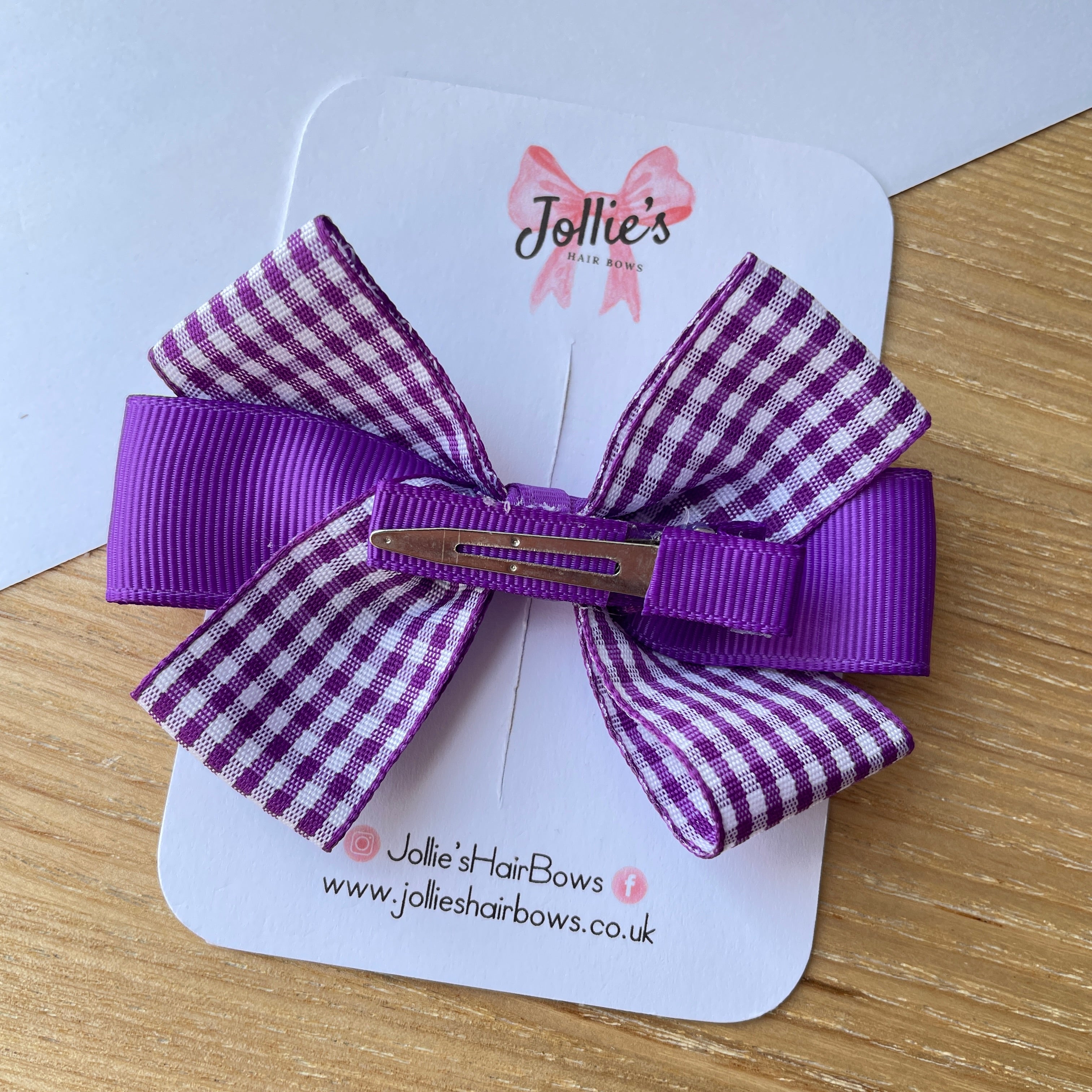 3.5" Purple Gingham Hair Bow – Grosgrain Ribbon with Lined Alligator Clip