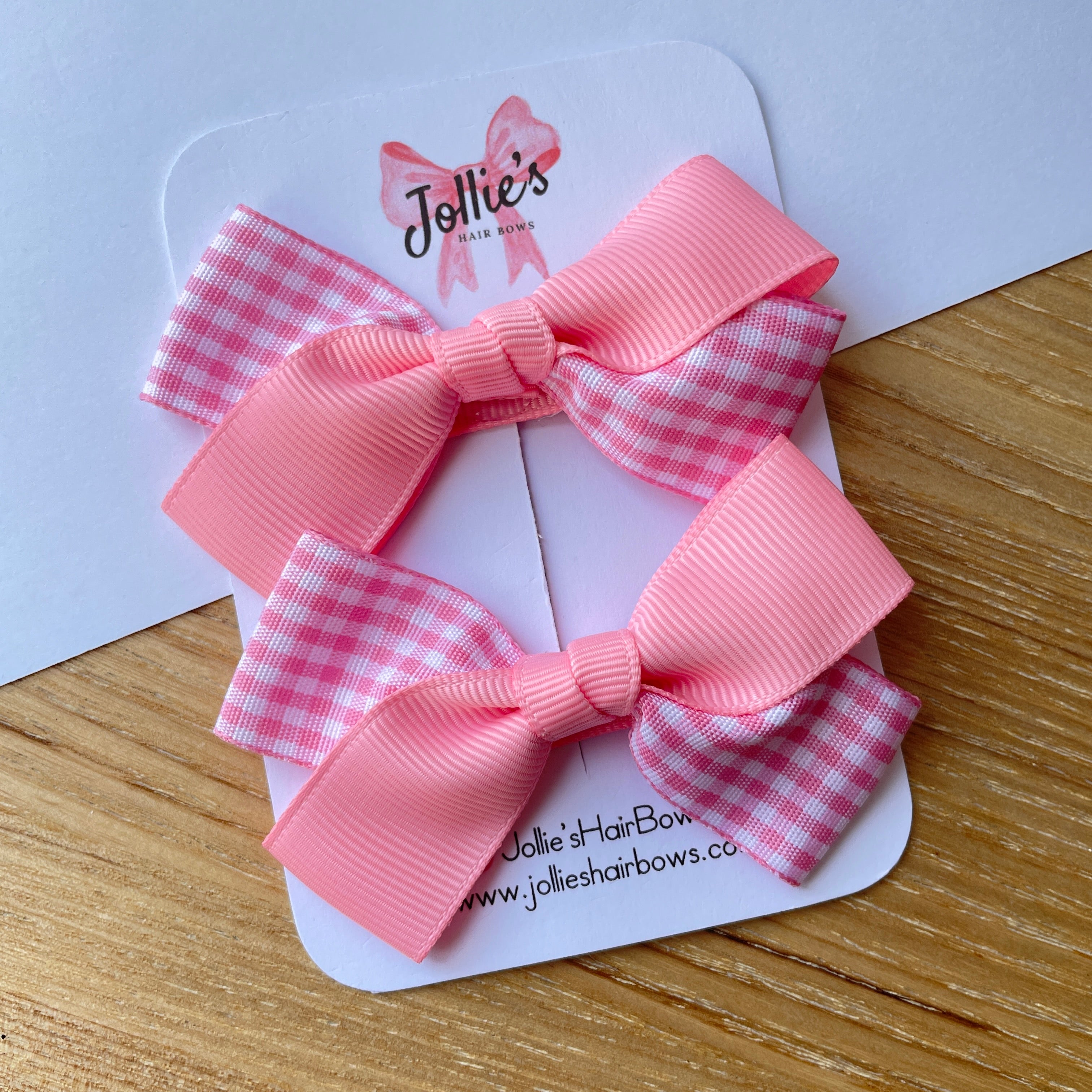 3" Pink Gingham Bow with Clip (Pair) – Grosgrain Ribbon Hair Bows for Girls