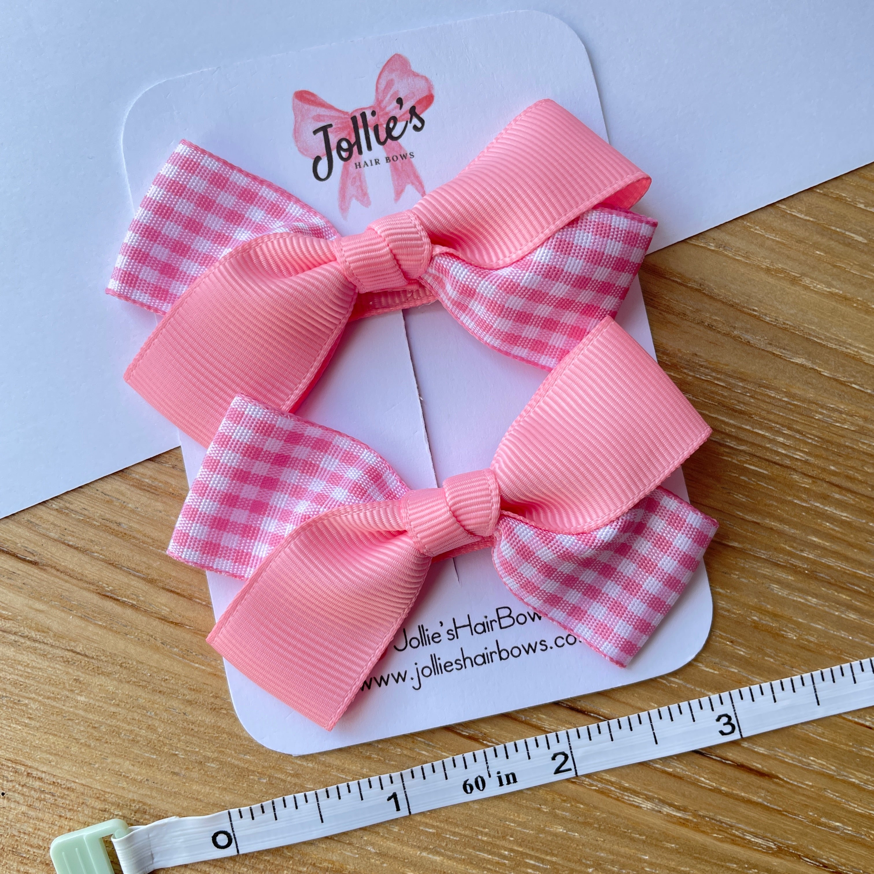 3" Pink Gingham Bow with Clip (Pair) – Grosgrain Ribbon Hair Bows for Girls