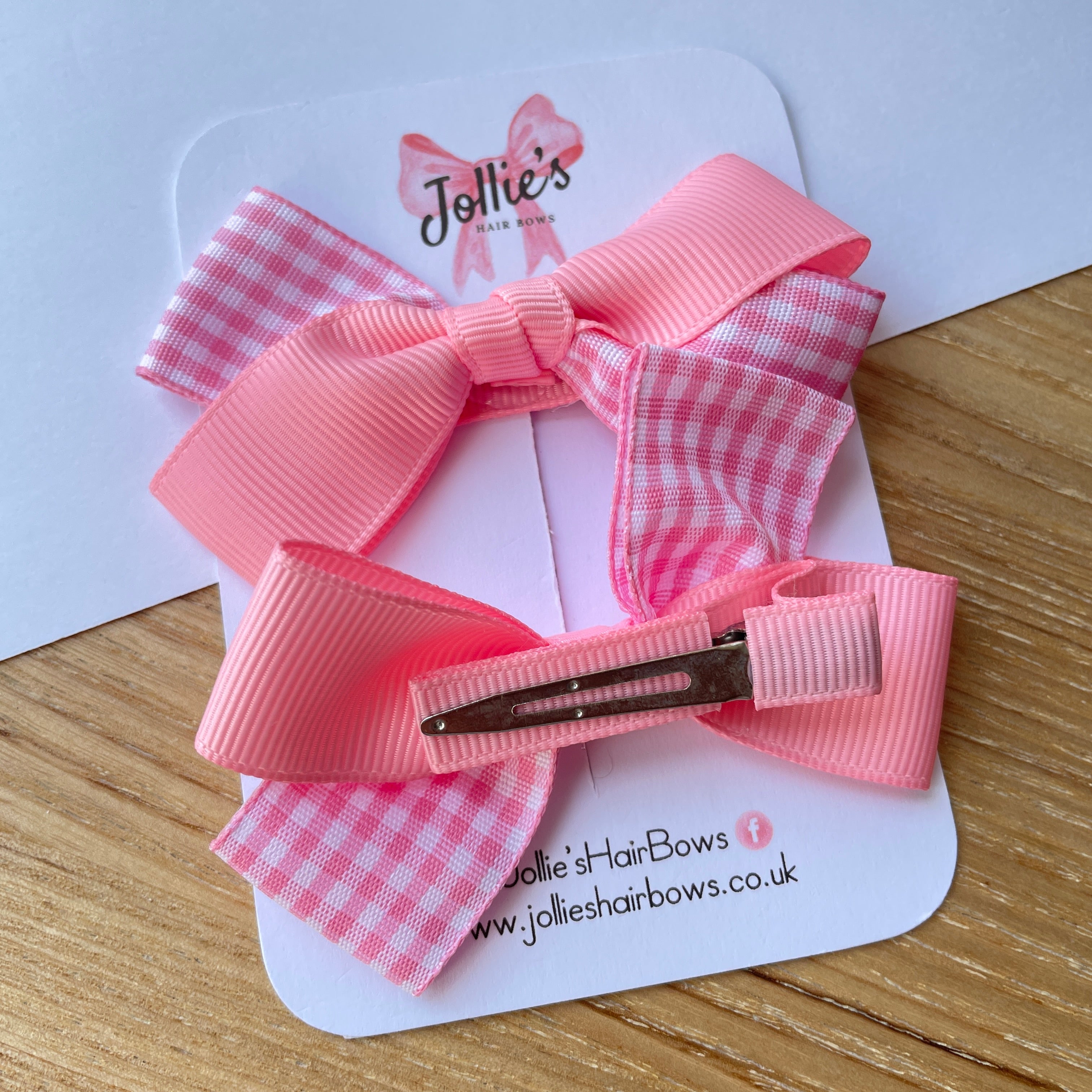 3" Pink Gingham Bow with Clip (Pair) – Grosgrain Ribbon Hair Bows for Girls