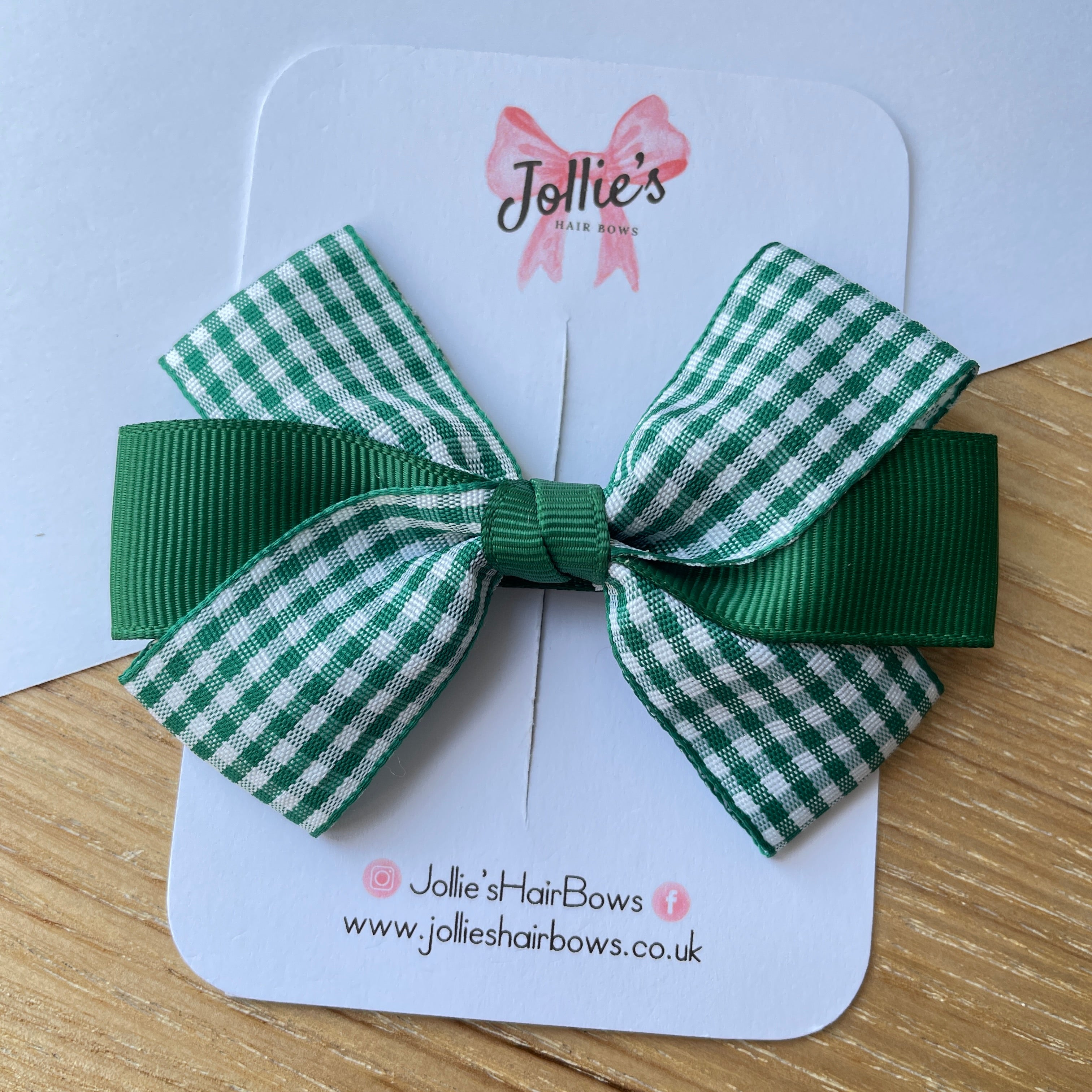 3.5" Green Gingham Hair Bow – Grosgrain Ribbon with Lined Alligator Clip