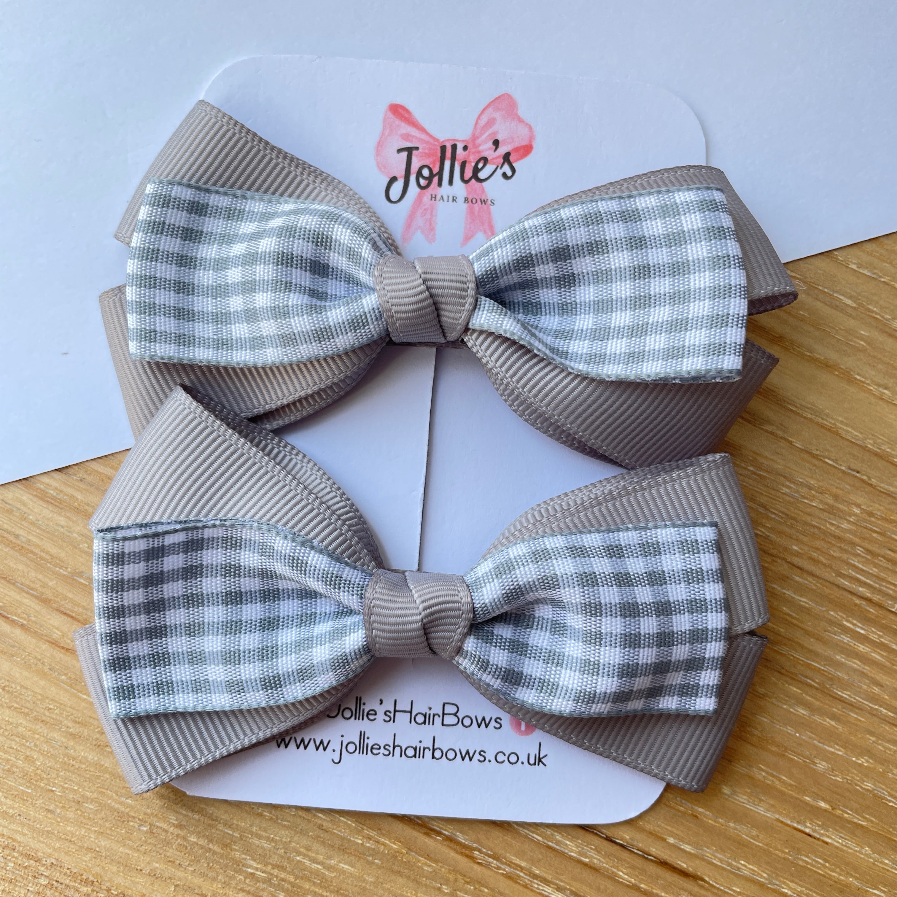 3.5" Silver Gingham Bow with Clip (Pair) – Grosgrain Ribbon Hair Bows for Girls