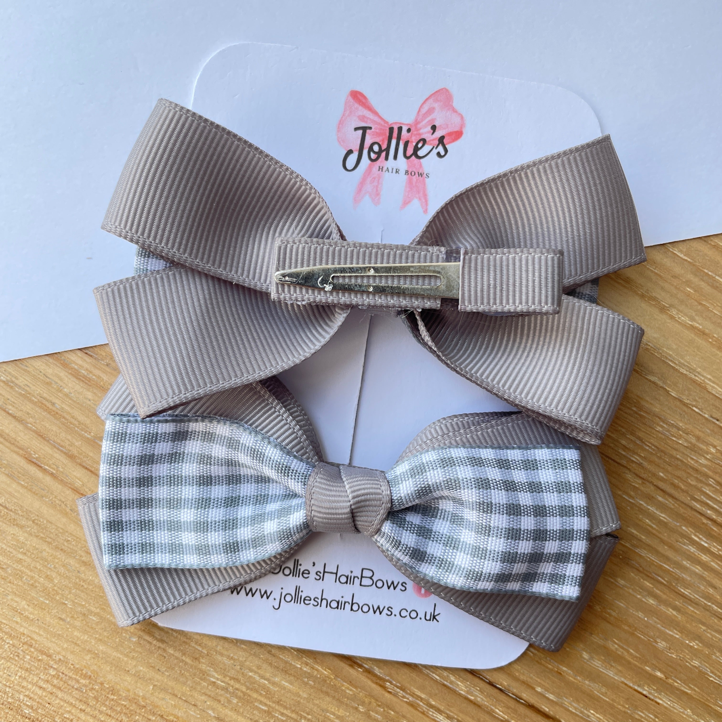 3.5" Silver Gingham Bow with Clip (Pair) – Grosgrain Ribbon Hair Bows for Girls