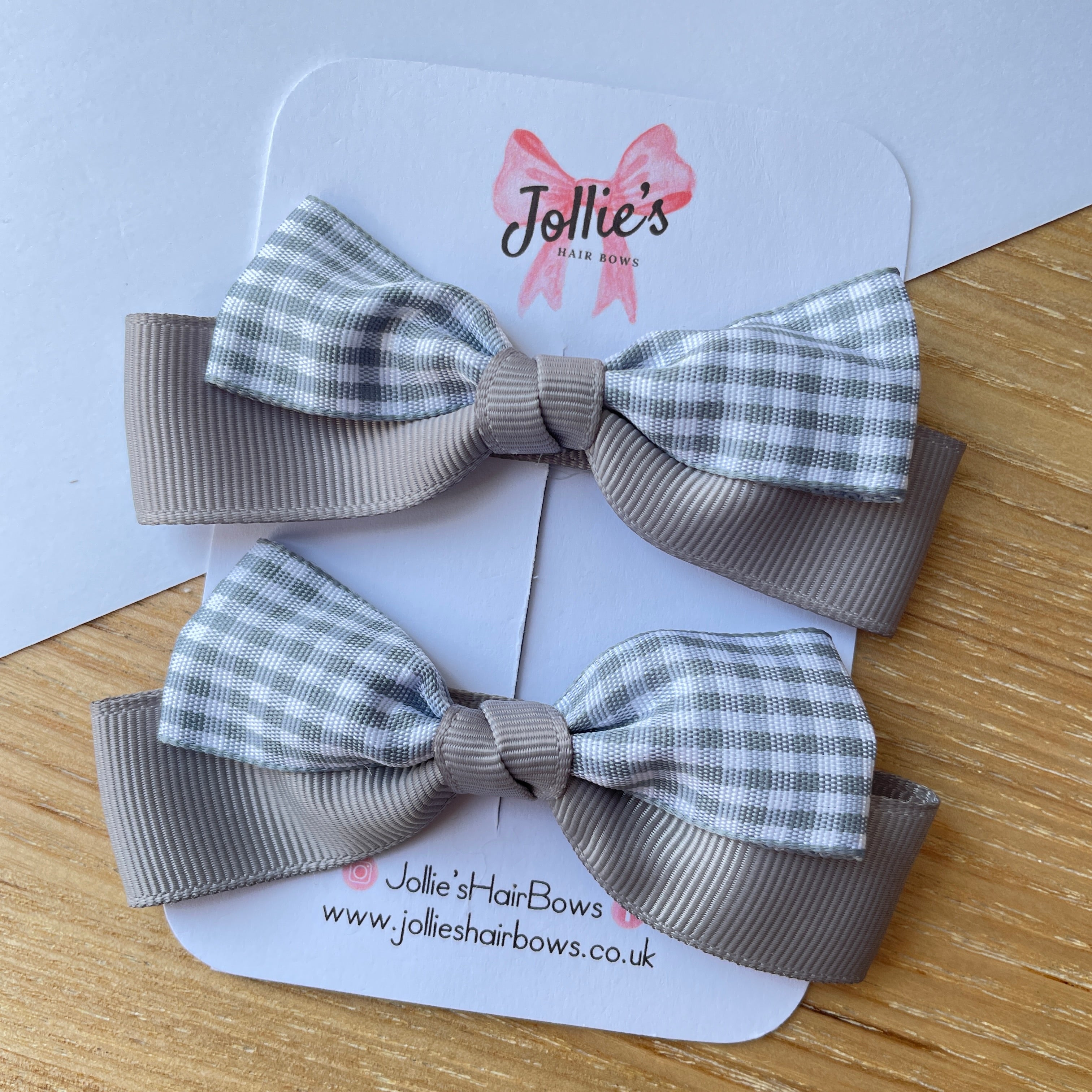 3.5" Silver Gingham Ribbon Bow Clip Set – Hair Bows for Girls (Pair)