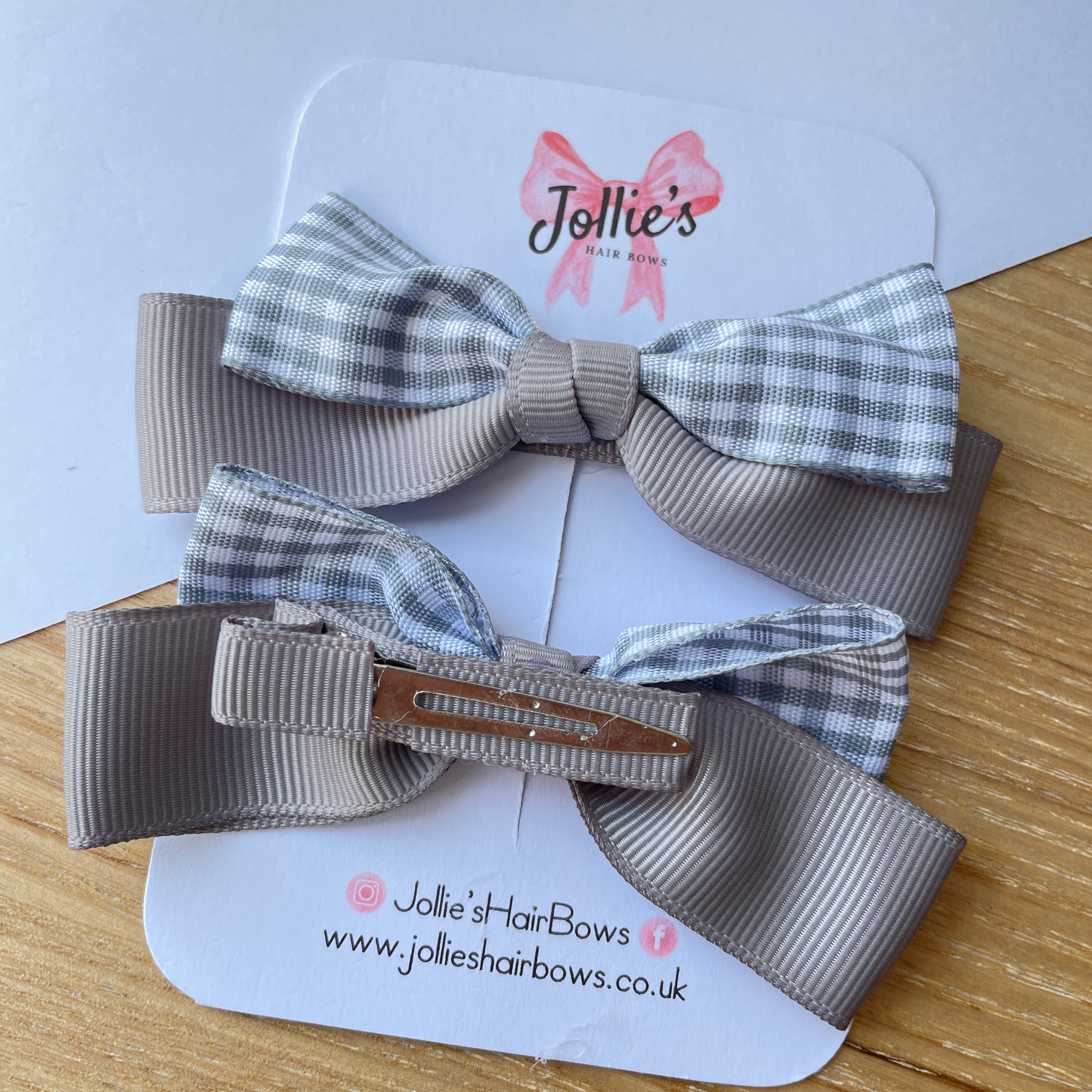 3.5" Silver Gingham Ribbon Bow Clip Set – Hair Bows for Girls (Pair)
