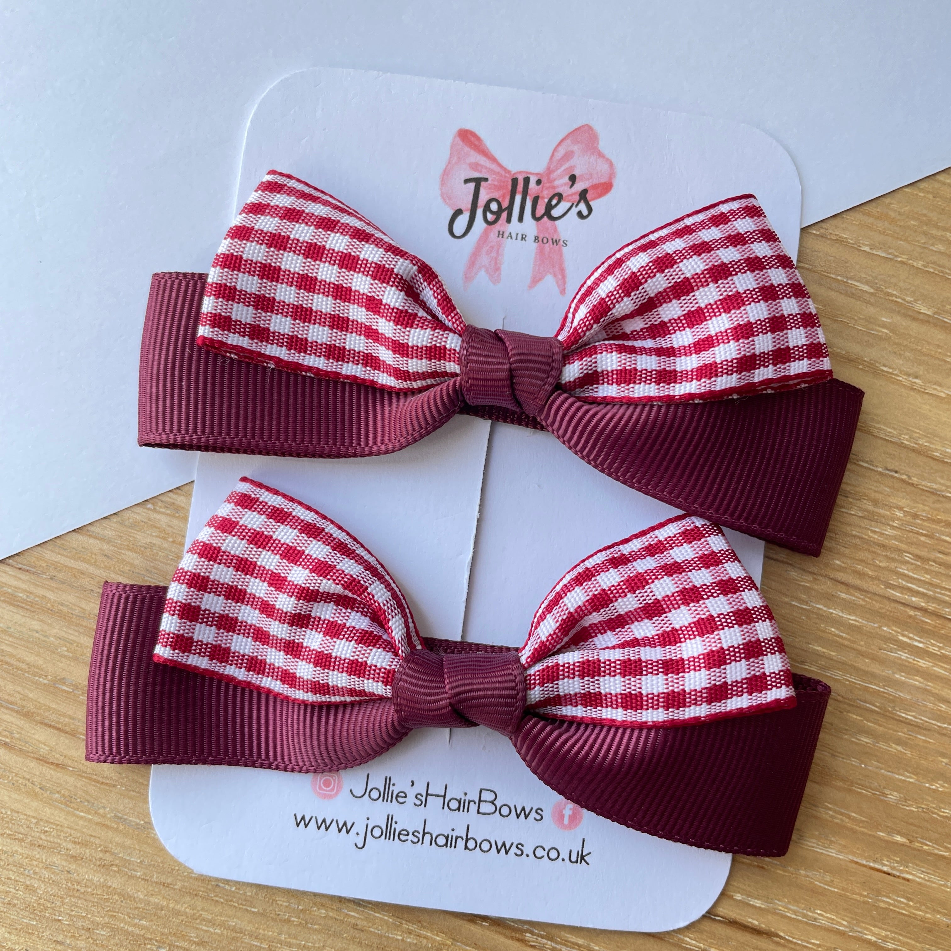 3.5" Burgundy Gingham Ribbon Bow Clip Set – Hair Bows for Girls (Pair)