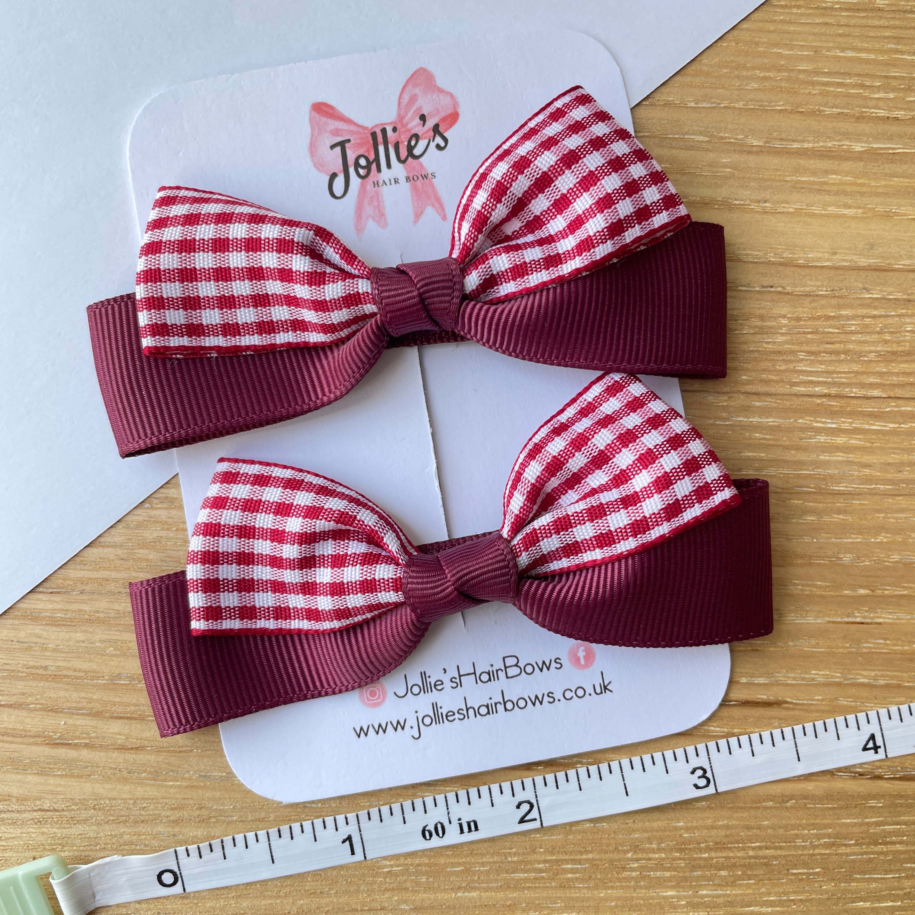 3.5" Burgundy Gingham Ribbon Bow Clip Set – Hair Bows for Girls (Pair)