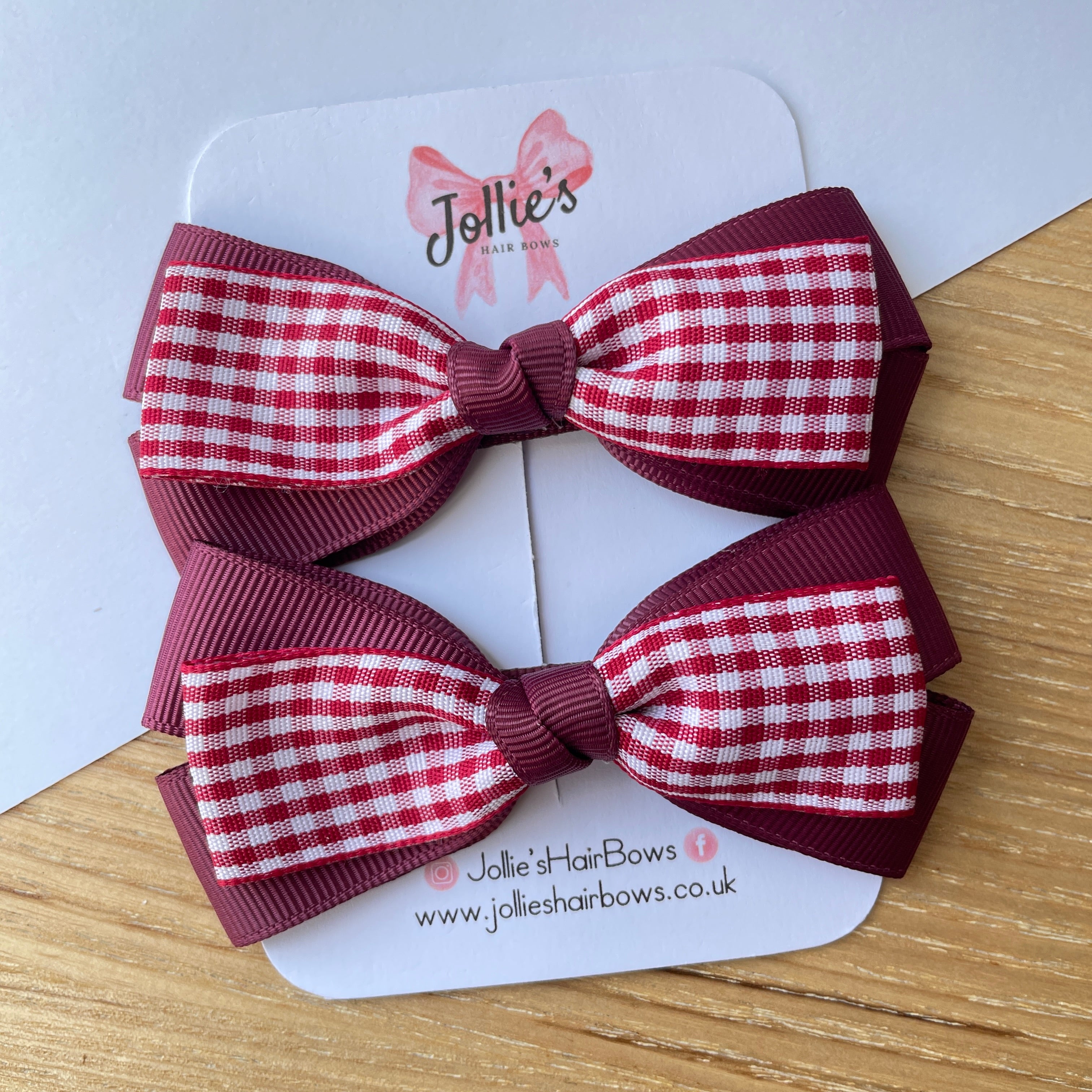 3.5" Burgundy Gingham Bow with Clip (Pair) – Grosgrain Ribbon Hair Bows for Girls