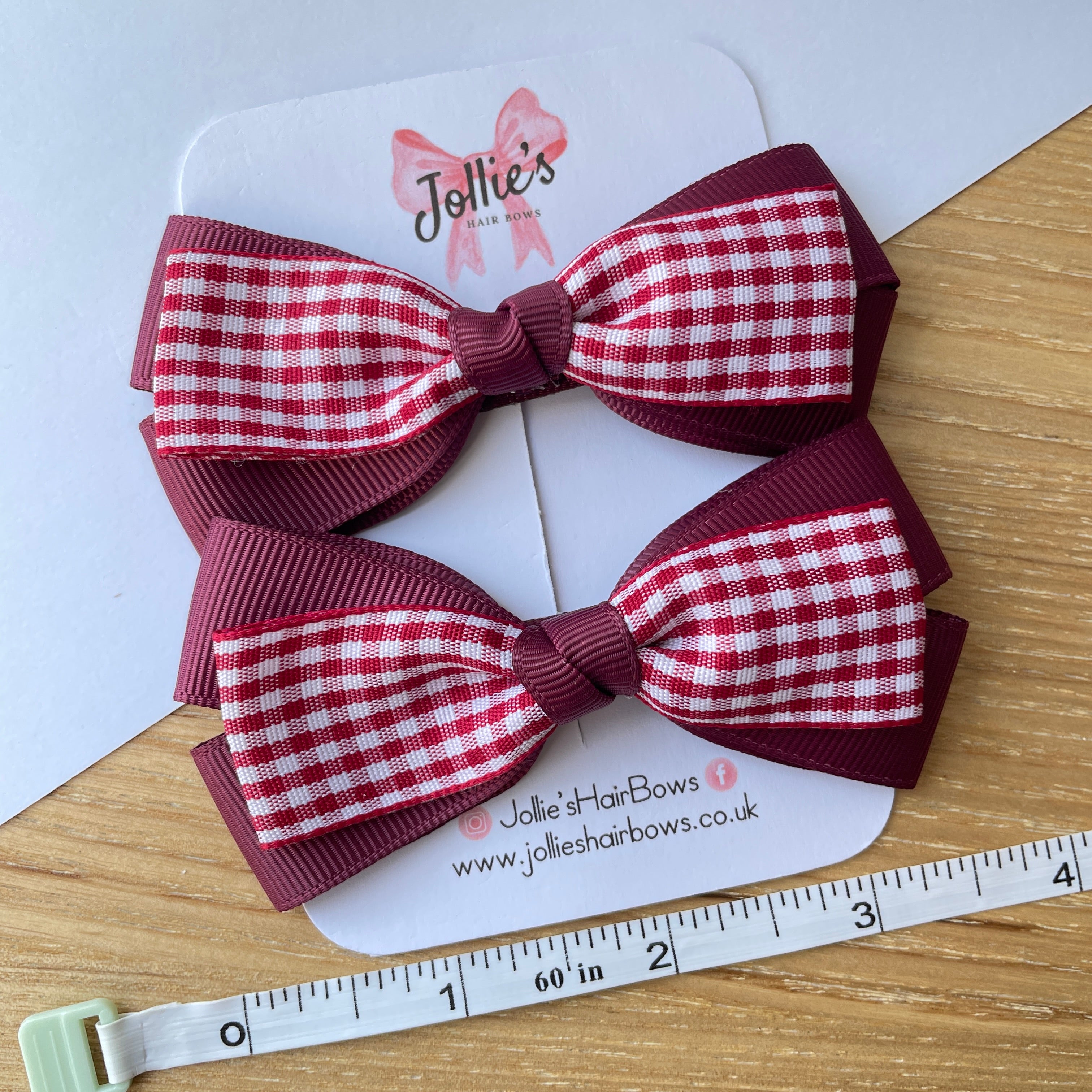 3.5" Burgundy Gingham Bow with Clip (Pair) – Grosgrain Ribbon Hair Bows for Girls
