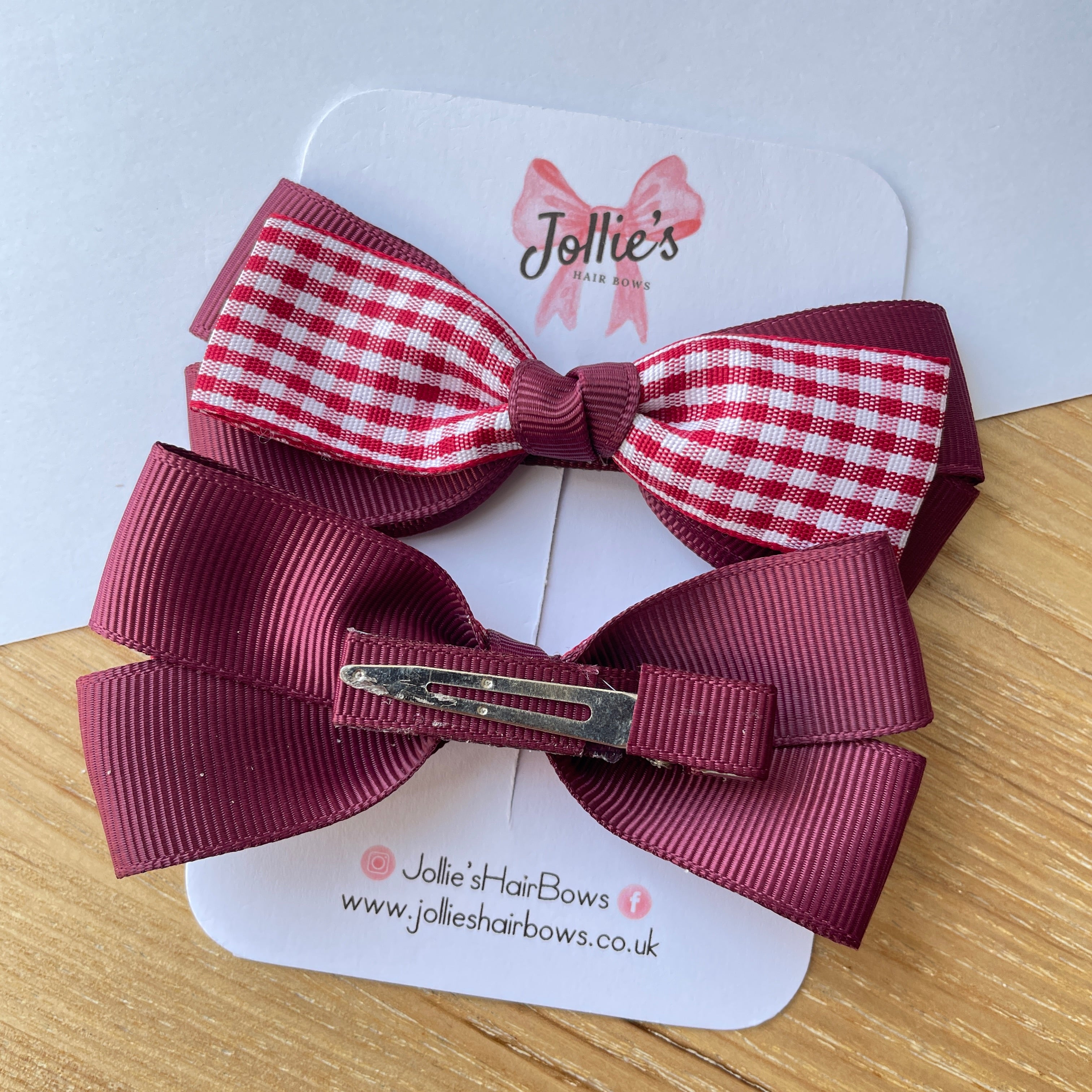 3.5" Burgundy Gingham Bow with Clip (Pair) – Grosgrain Ribbon Hair Bows for Girls