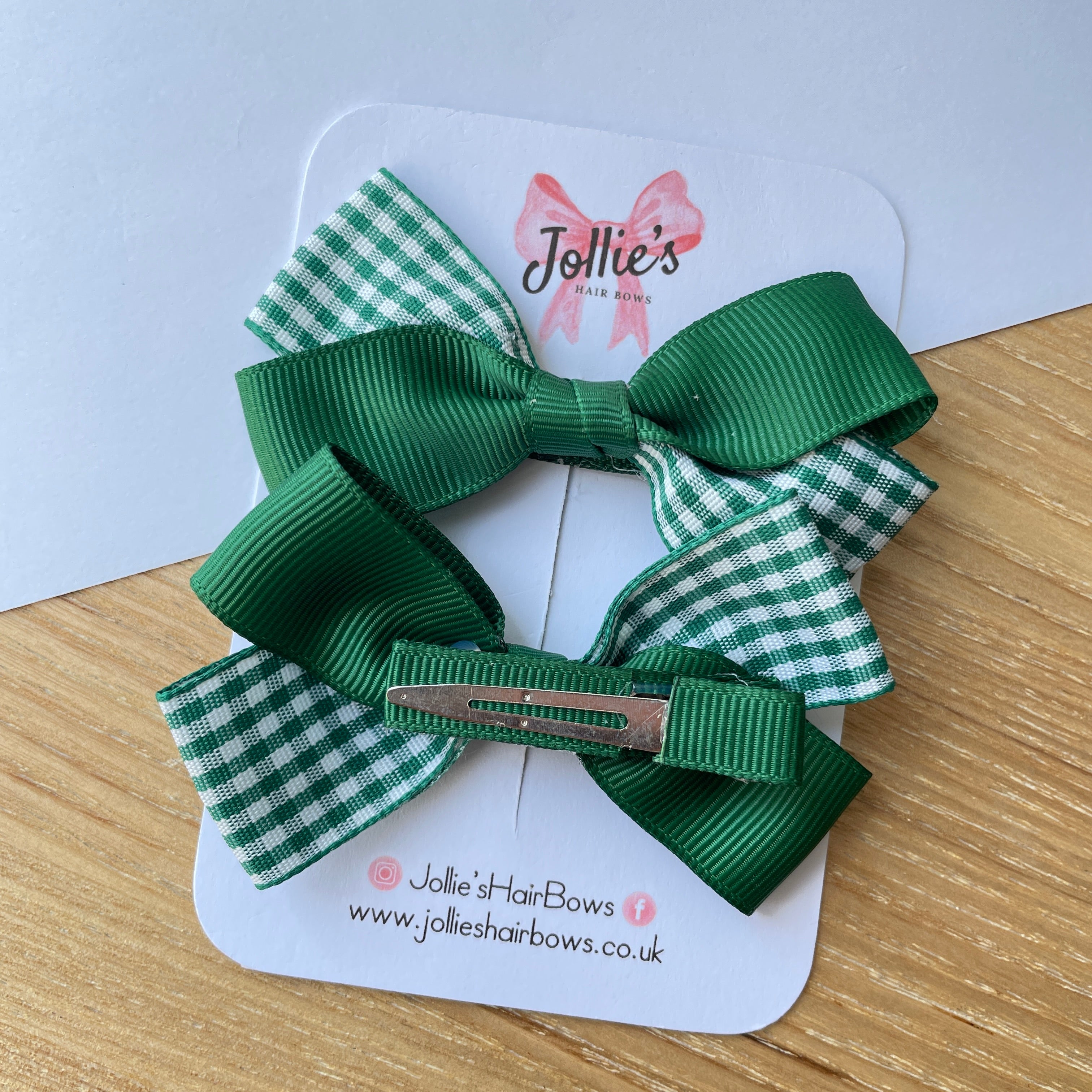 3" Green Gingham Bow with Clip (Pair) – Grosgrain Ribbon Hair Bows for Girls