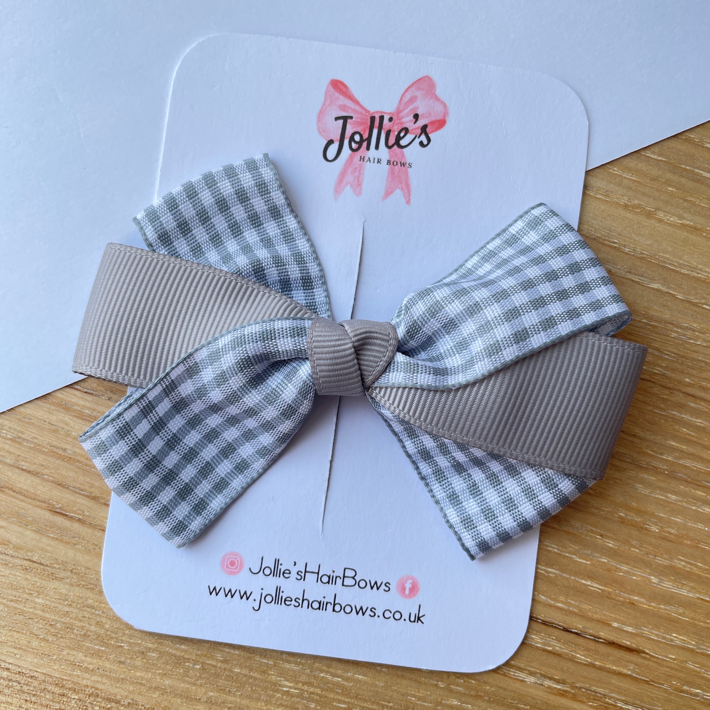 3.5" Silver Gingham Hair Bow – Grosgrain Ribbon with Lined Alligator Clip