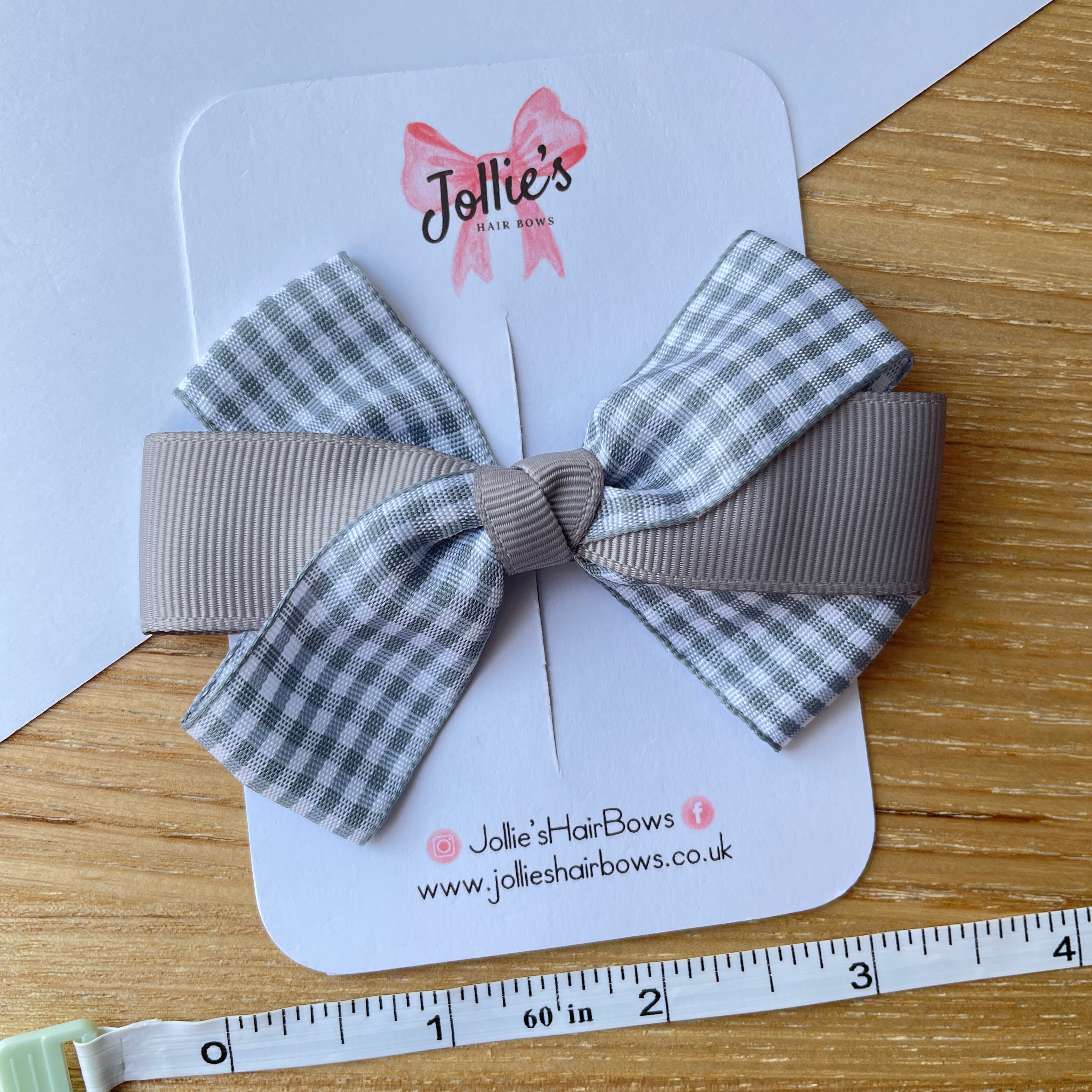 3.5" Silver Gingham Hair Bow – Grosgrain Ribbon with Lined Alligator Clip