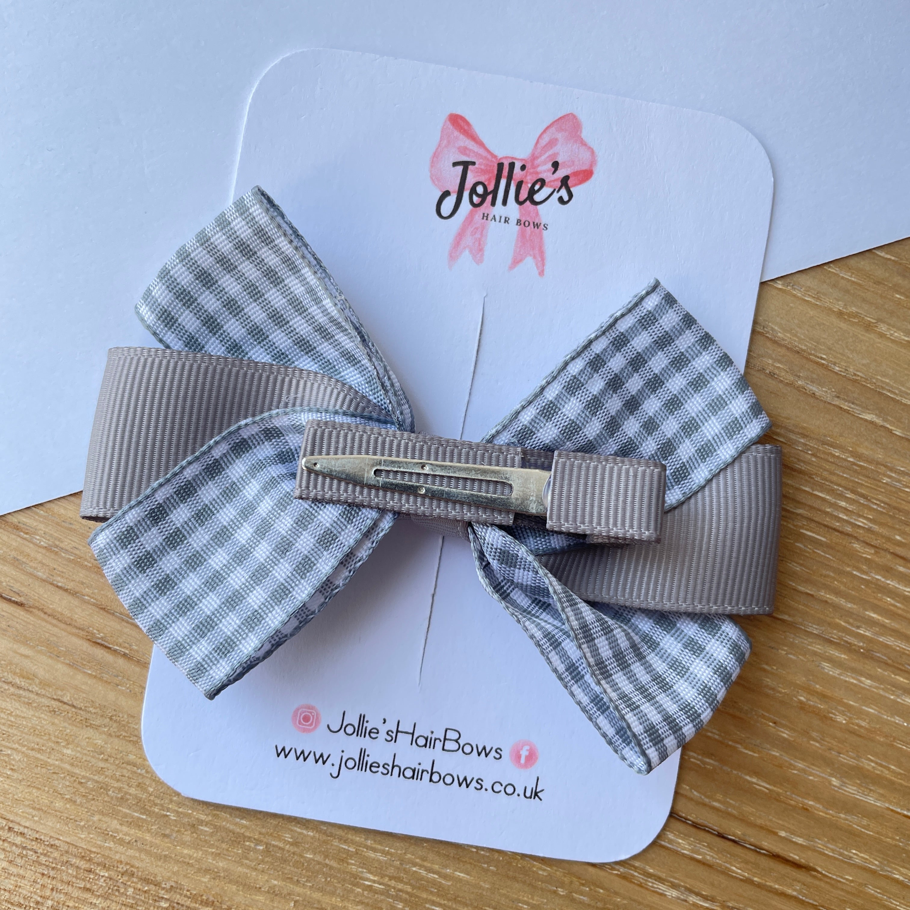 3.5" Silver Gingham Hair Bow – Grosgrain Ribbon with Lined Alligator Clip