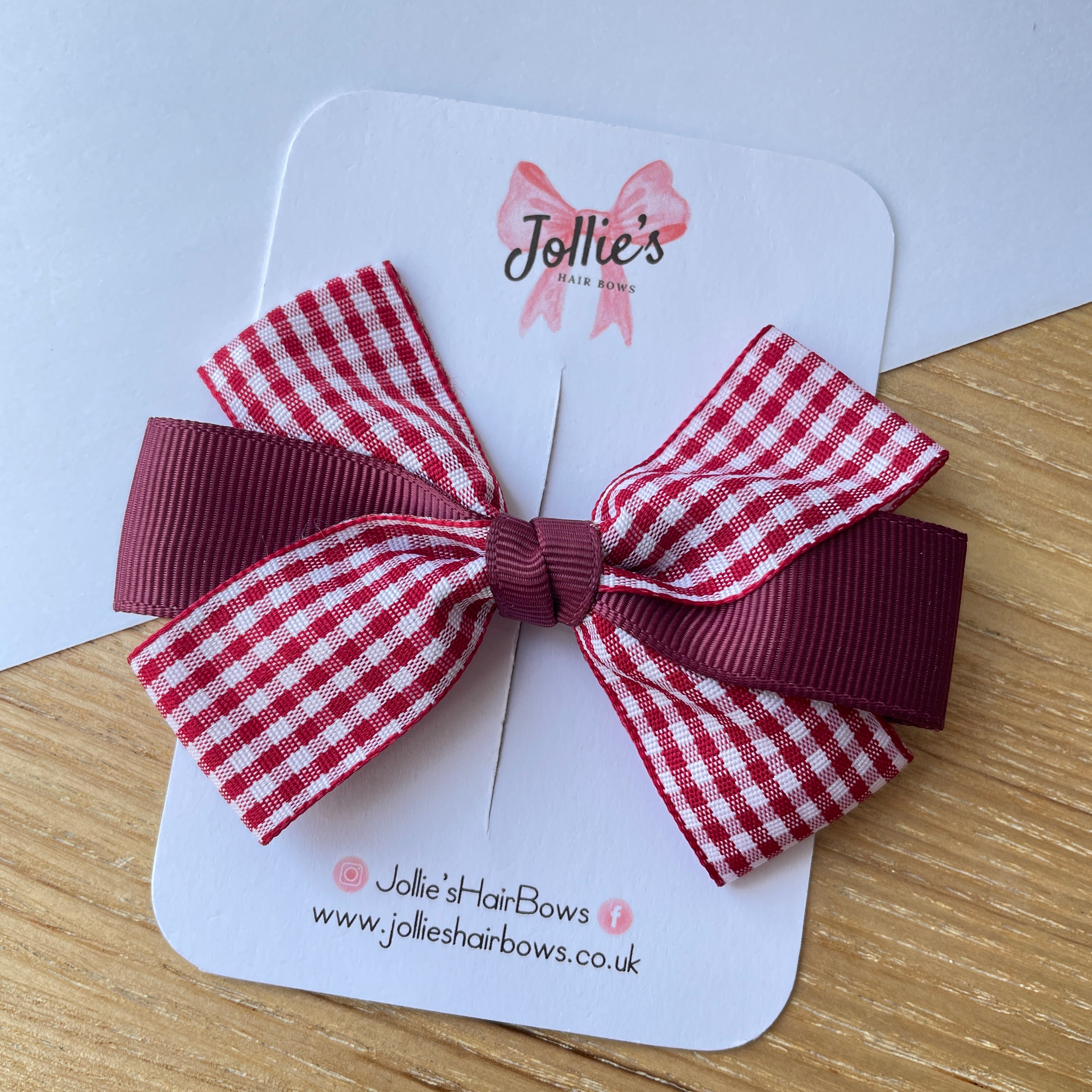 3.5" Burgundy Gingham Hair Bow – Grosgrain with Lined Alligator Clip
