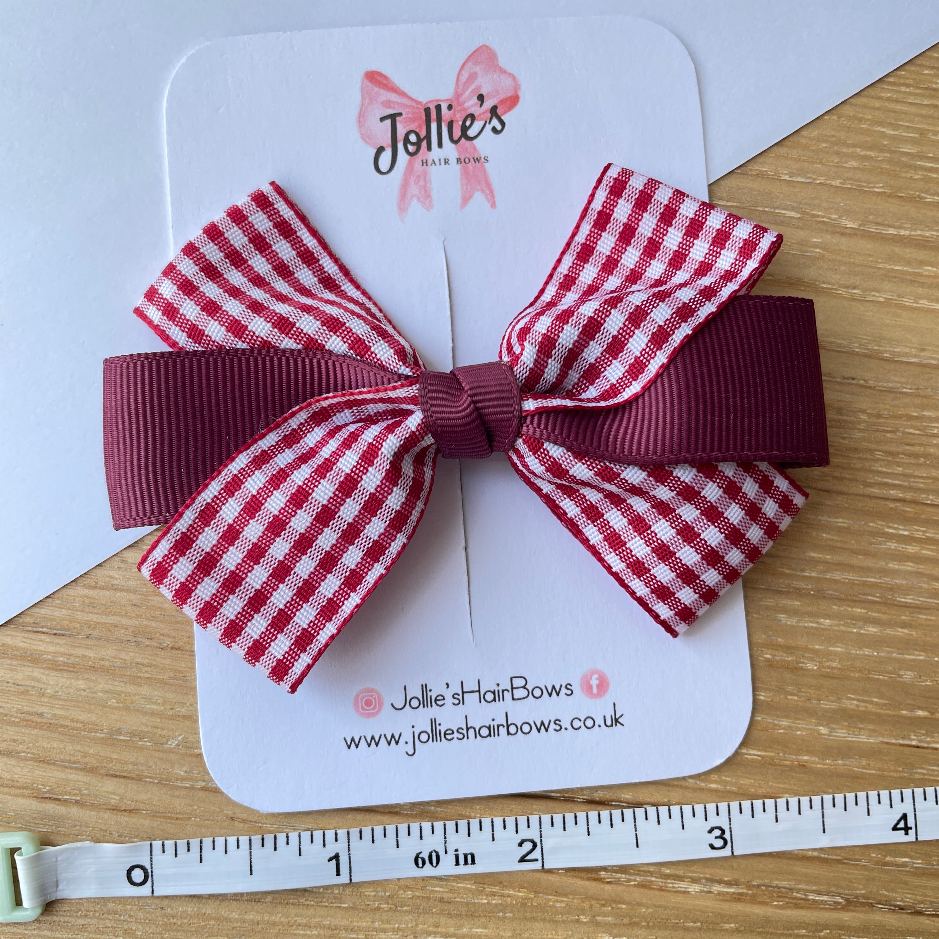 3.5" Burgundy Gingham Hair Bow – Grosgrain with Lined Alligator Clip