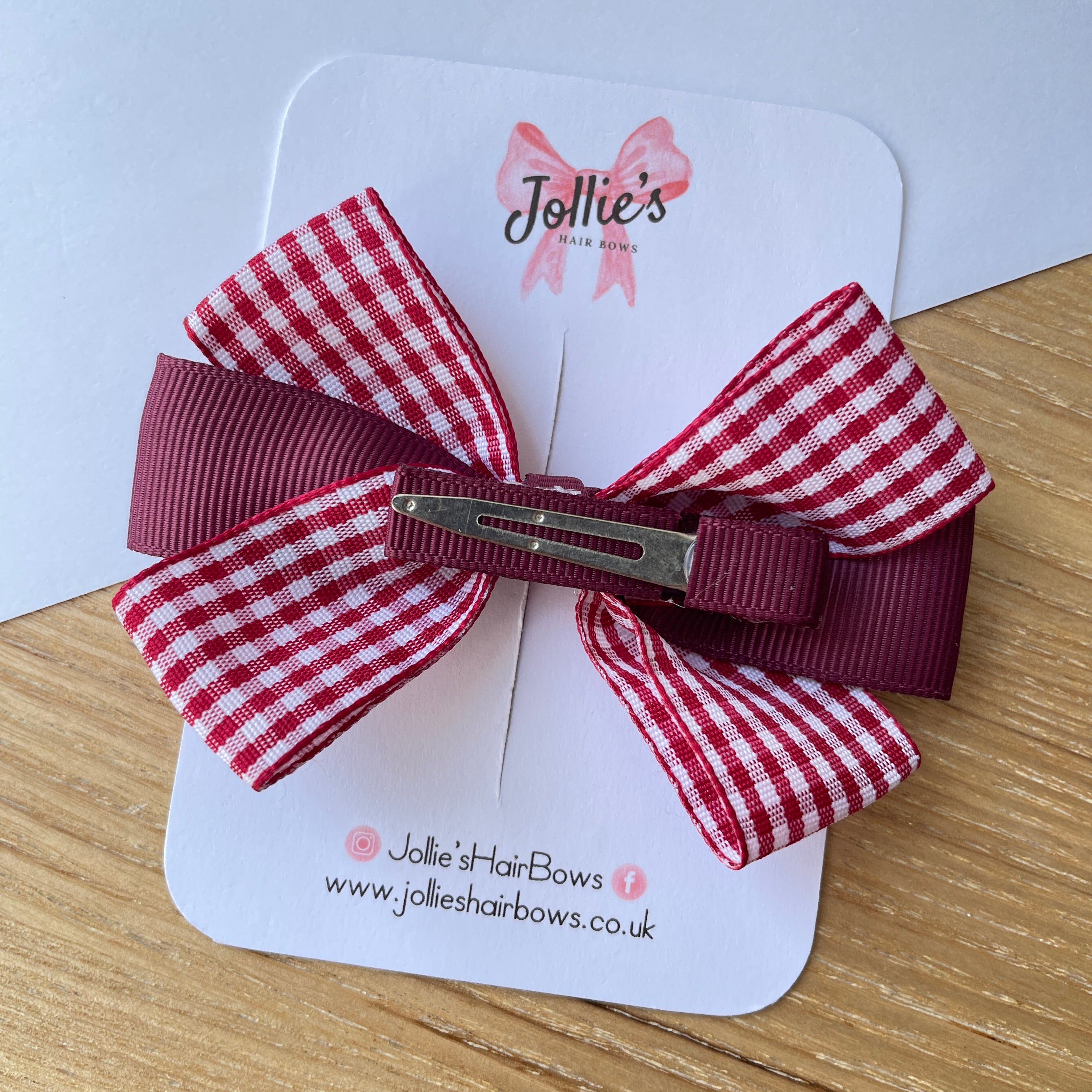3.5" Burgundy Gingham Hair Bow – Grosgrain with Lined Alligator Clip