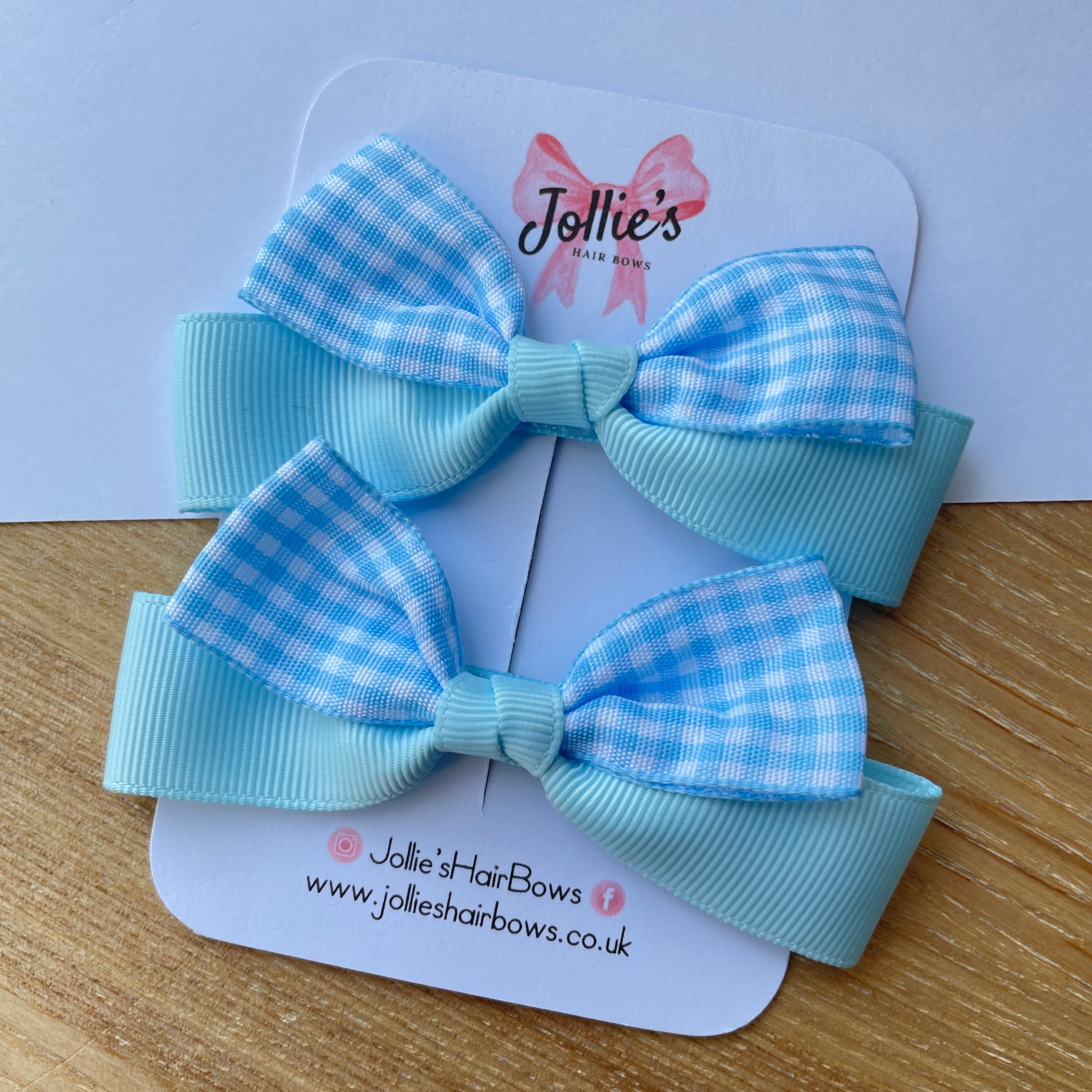 3.5" Light Blue Gingham Ribbon Bow Clip Set – Hair Bows for Girls (Pair)