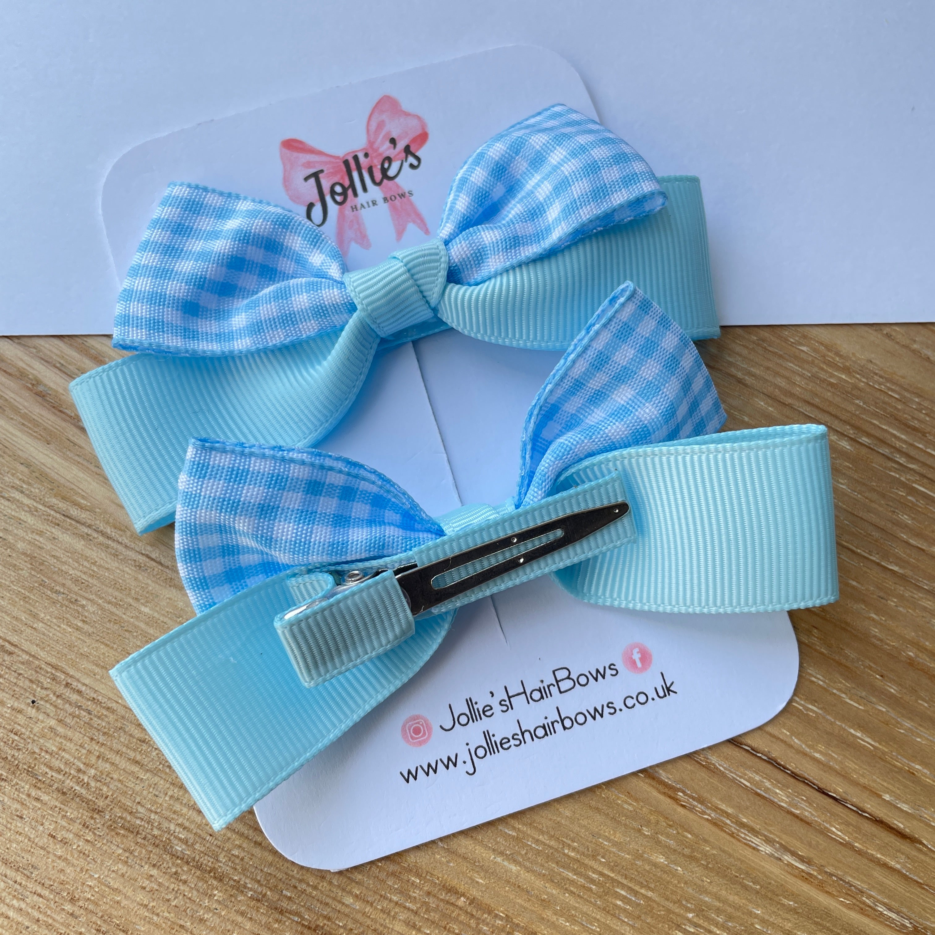 3.5" Light Blue Gingham Ribbon Bow Clip Set – Hair Bows for Girls (Pair)