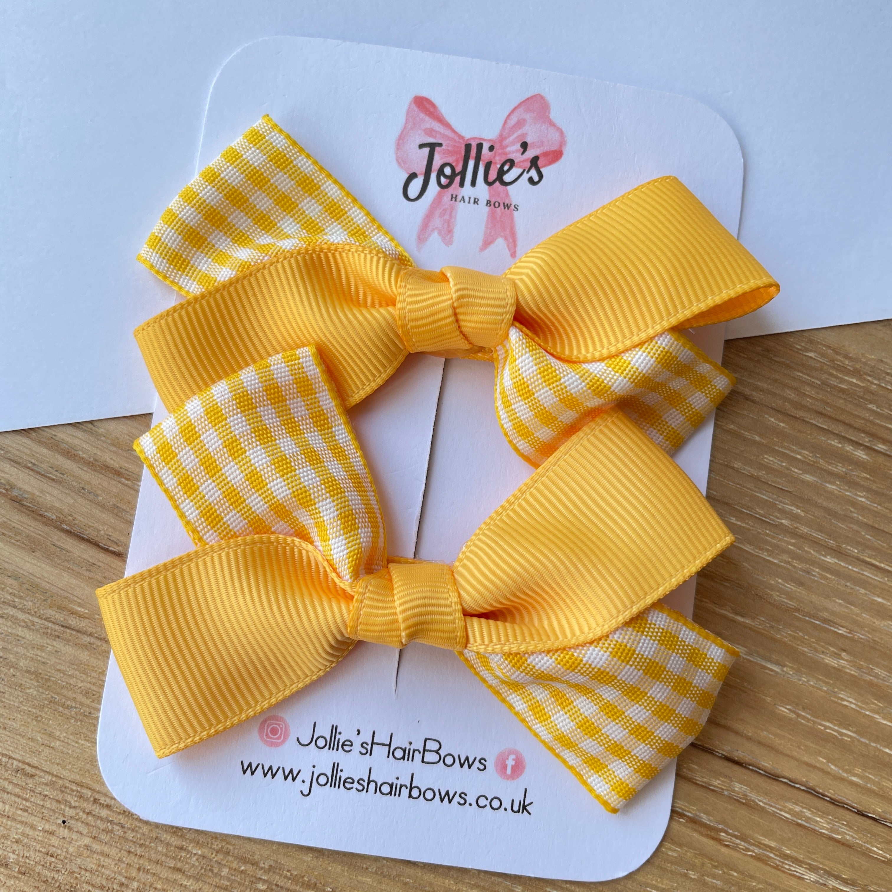 3" Yellow Gingham Bow with Clip (Pair) – Grosgrain Ribbon Hair Bows for Girls