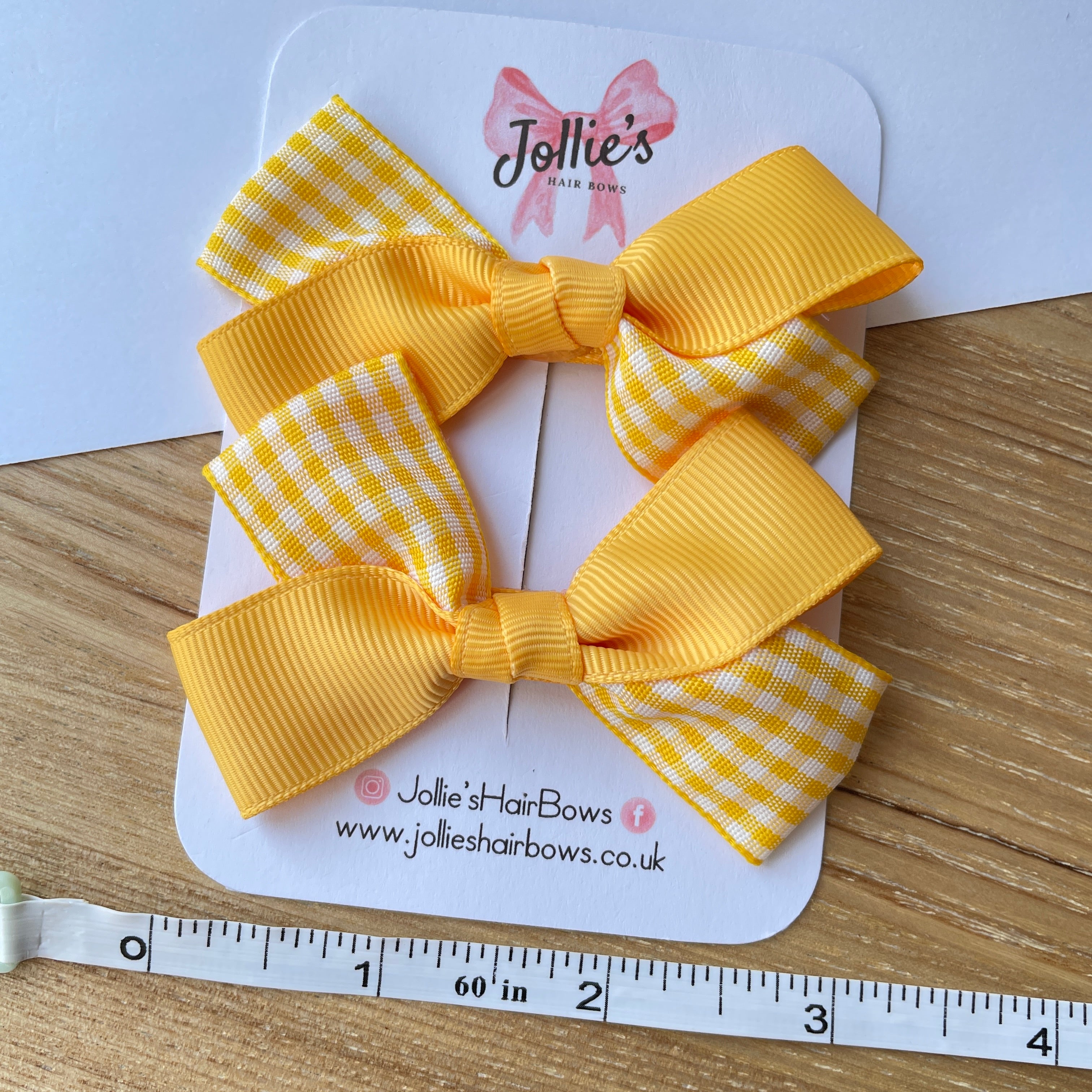 3" Yellow Gingham Bow with Clip (Pair) – Grosgrain Ribbon Hair Bows for Girls