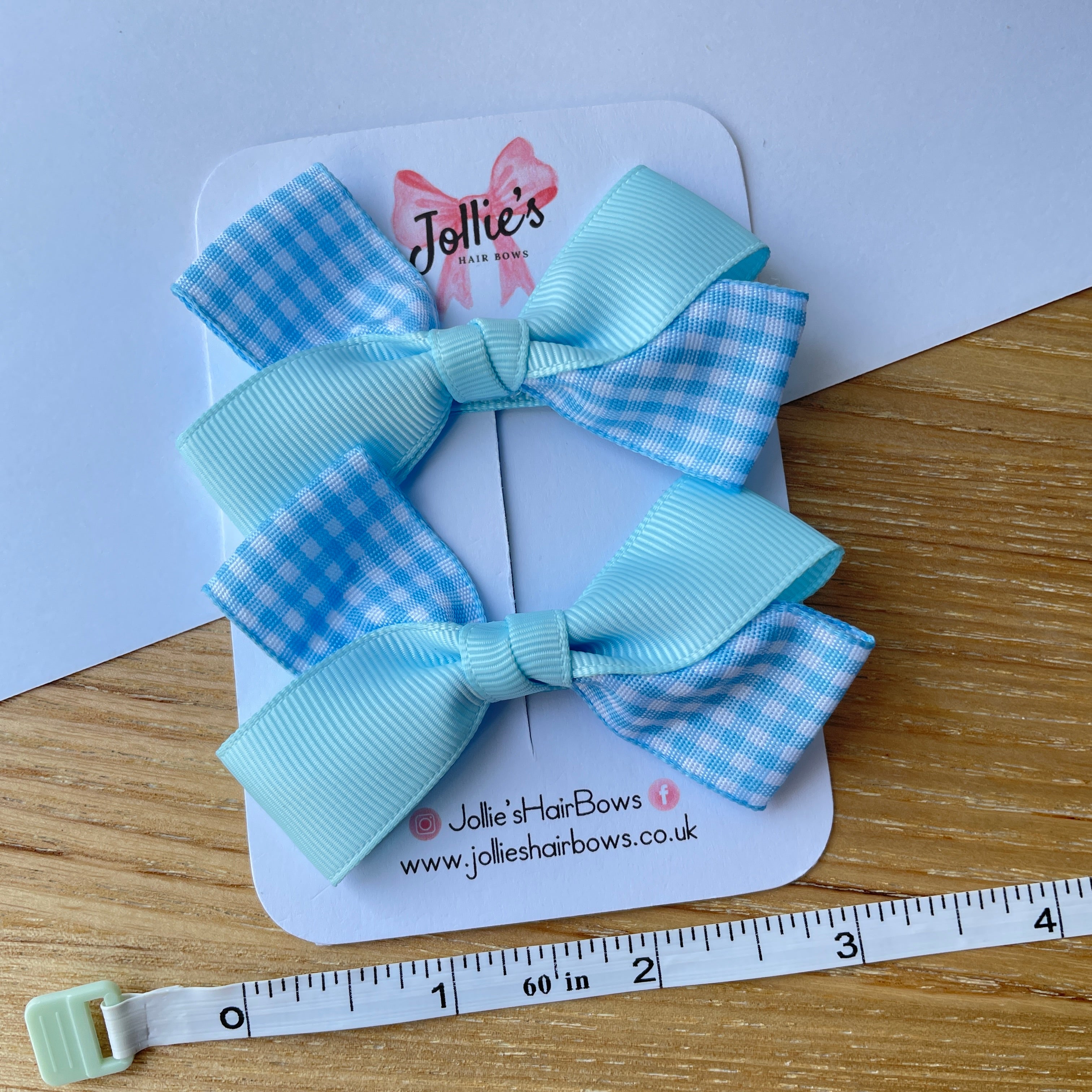 3" Light Blue Gingham Bow with Clip (Pair) – Grosgrain Ribbon Hair Bows for Girls