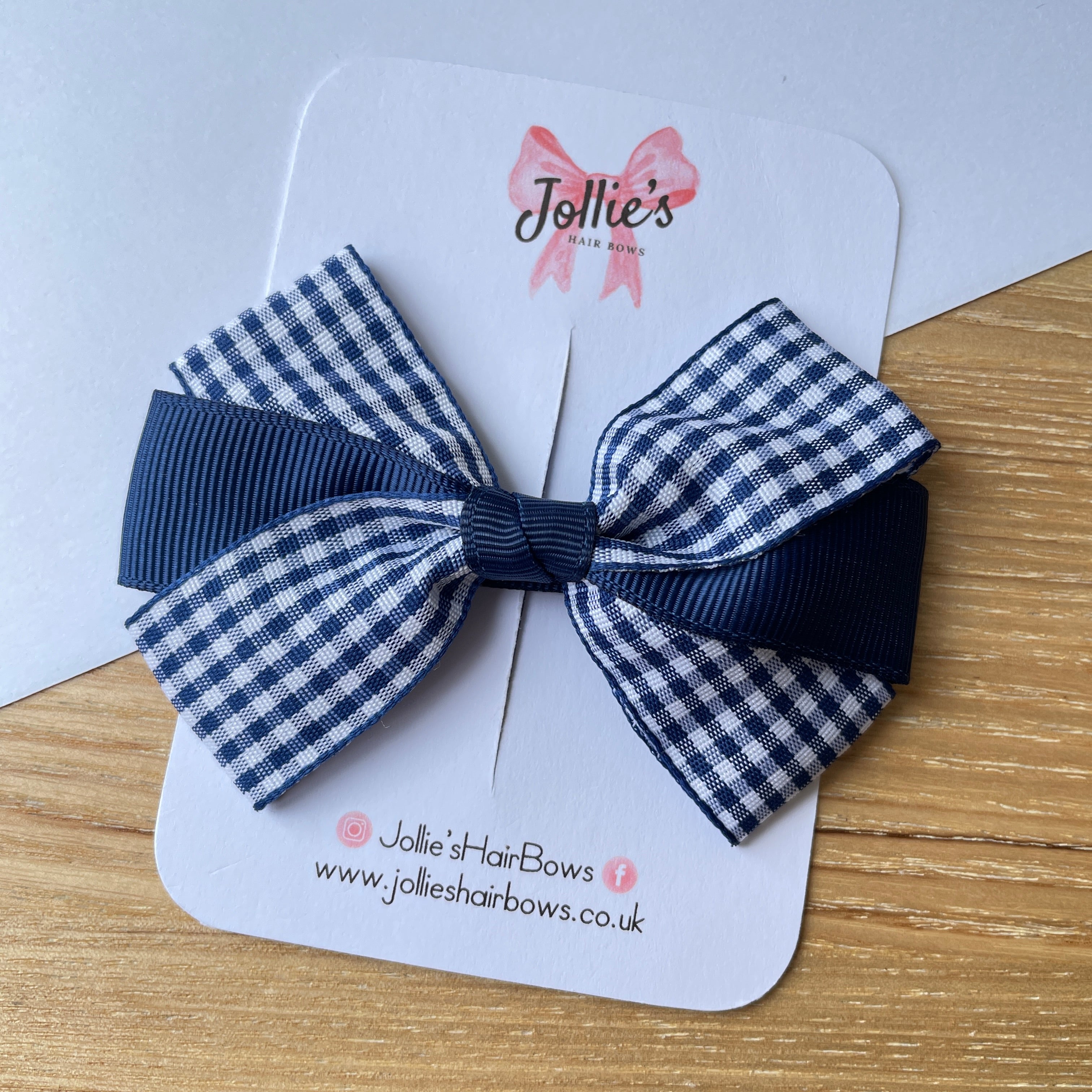 3.5" Navy Gingham Hair Bow – Grosgrain with Lined Alligator Clip