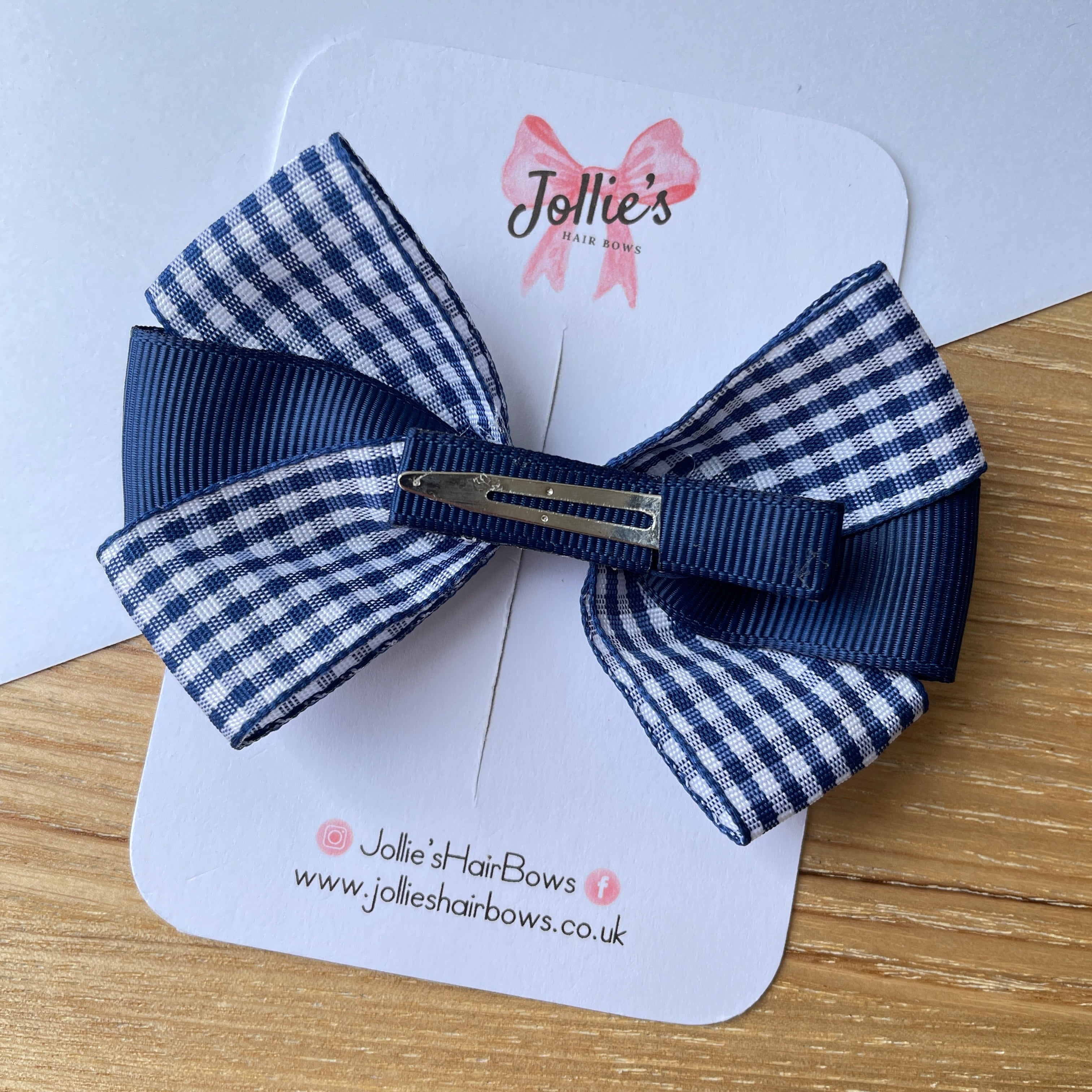 3.5" Navy Gingham Hair Bow – Grosgrain with Lined Alligator Clip