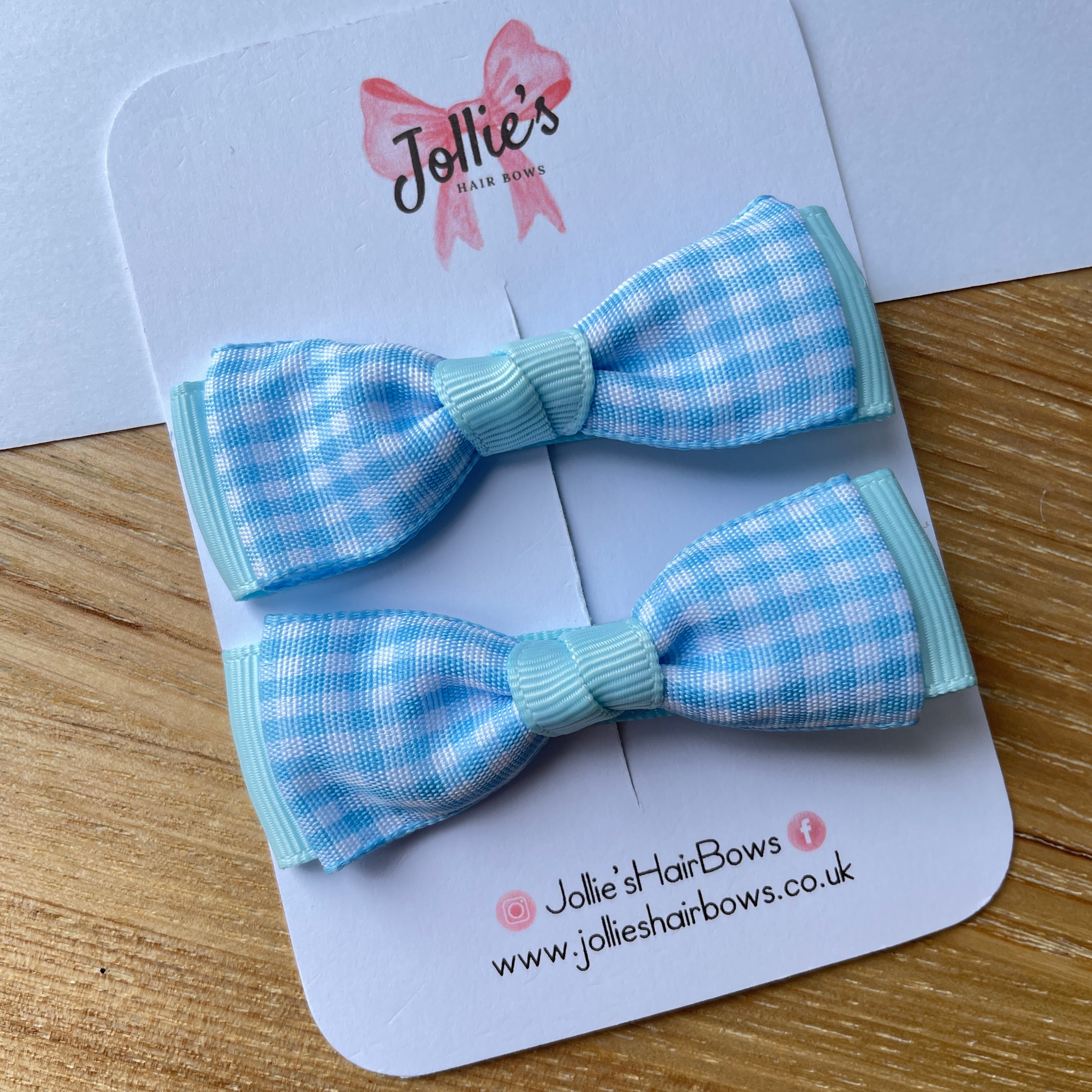2.5" Light Blue Gingham Bow Clip Set – Hair Bows for Girls (Pair)