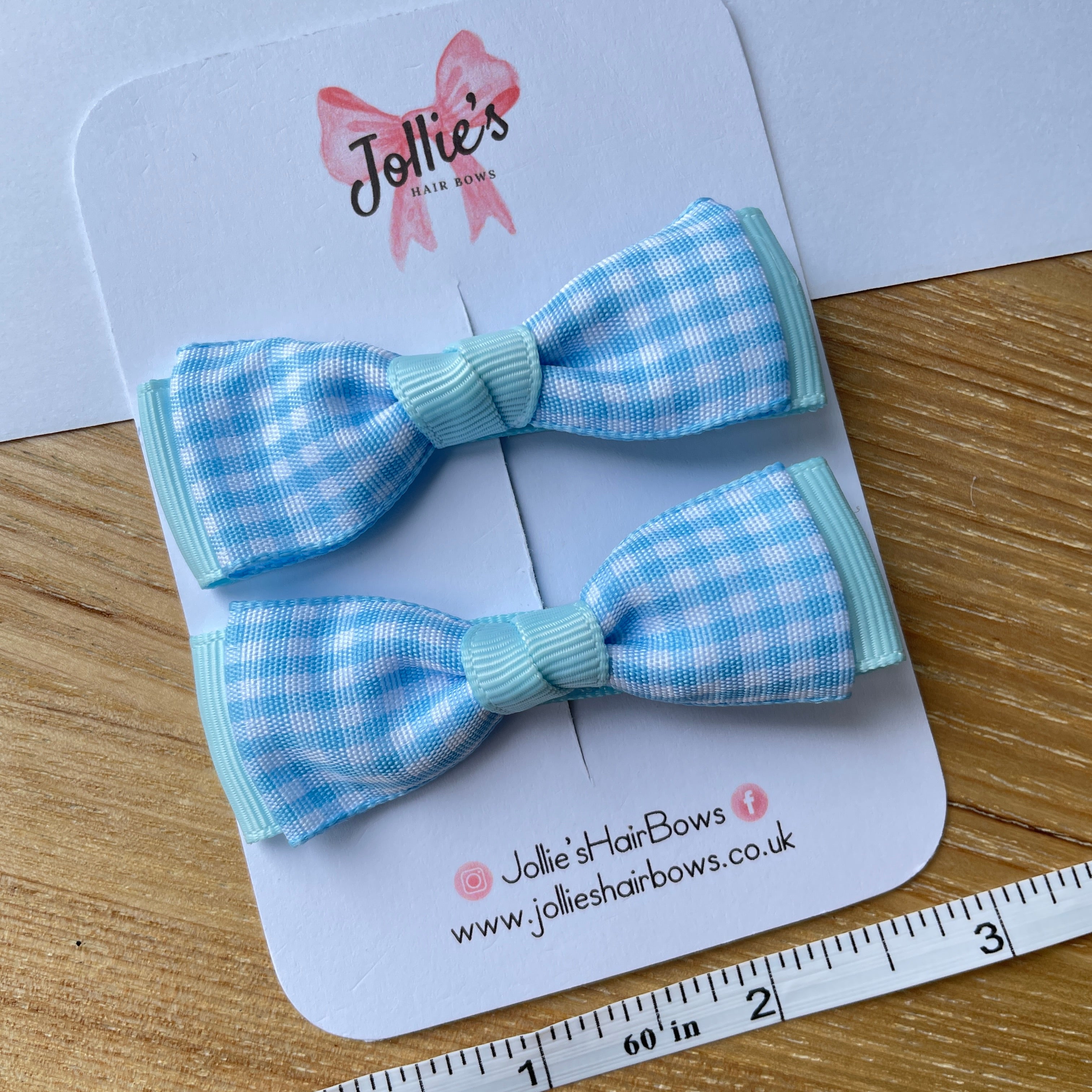 2.5" Light Blue Gingham Bow Clip Set – Hair Bows for Girls (Pair)