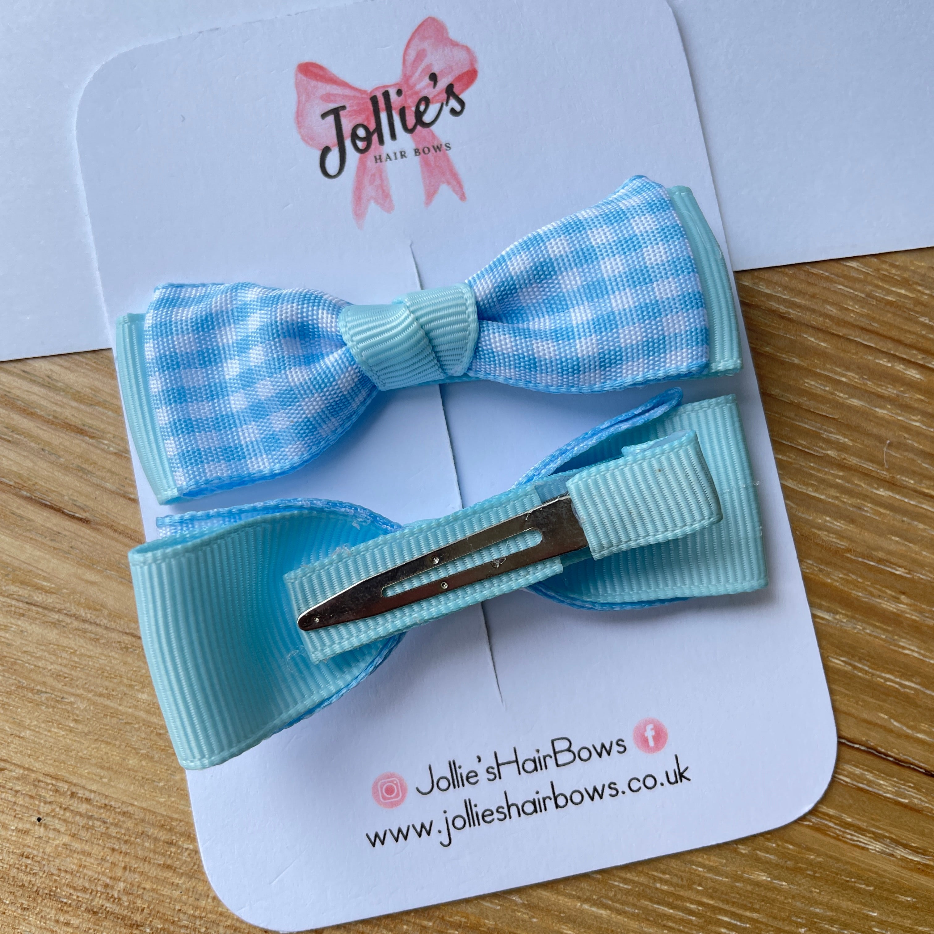 2.5" Light Blue Gingham Bow Clip Set – Hair Bows for Girls (Pair)