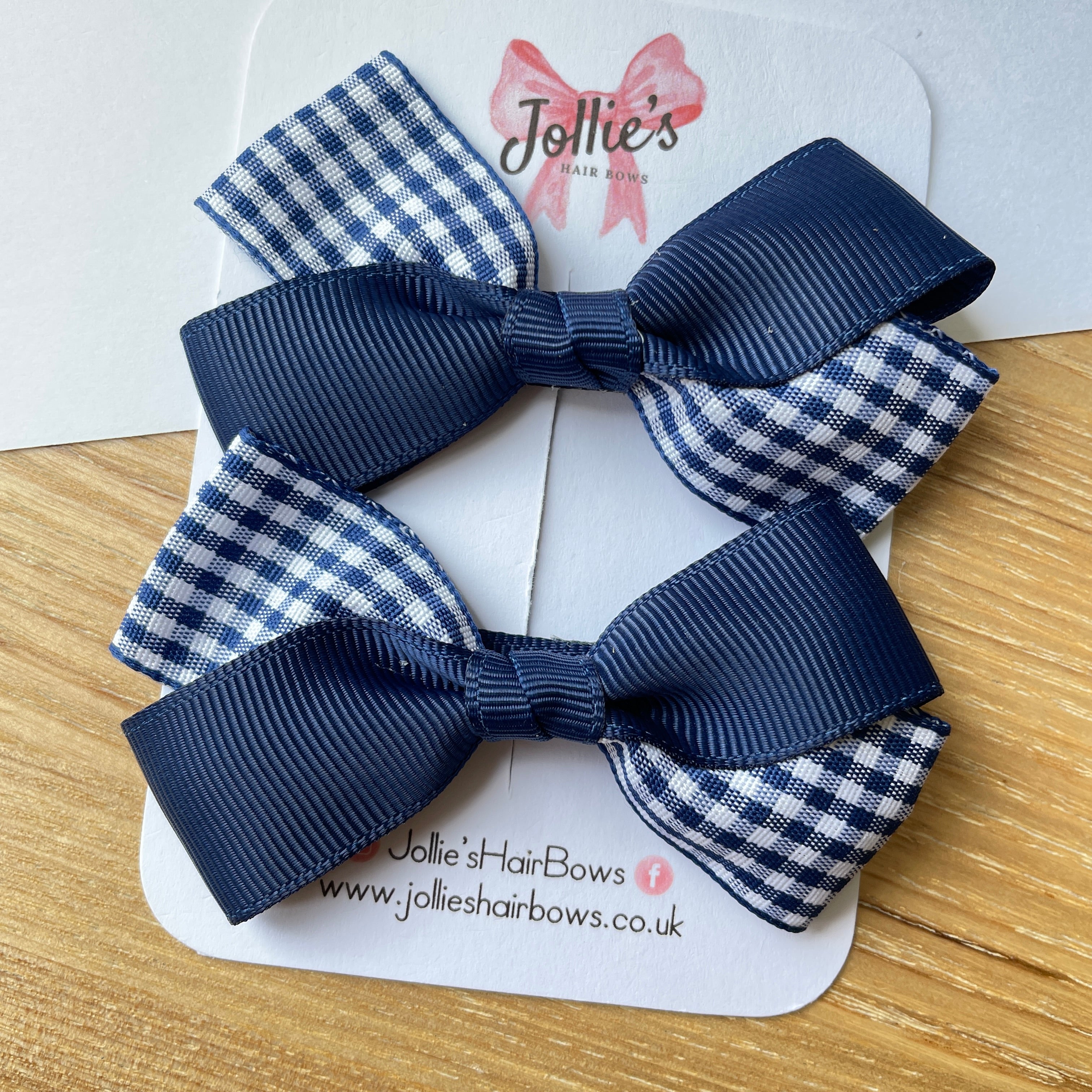 3" Navy Gingham Bow with Clip (Pair) – Grosgrain Ribbon Hair Bows for Girls