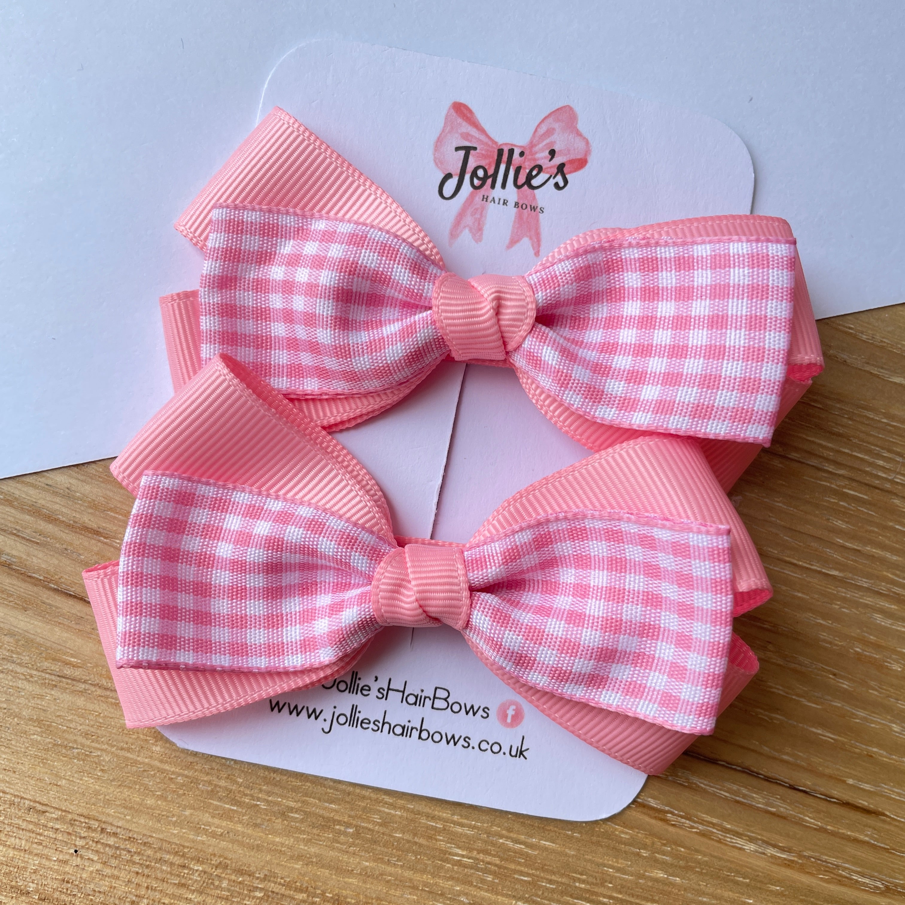 3.5" Pink Gingham Bow with Clip (Pair) – Grosgrain Ribbon Hair Bows for Girls