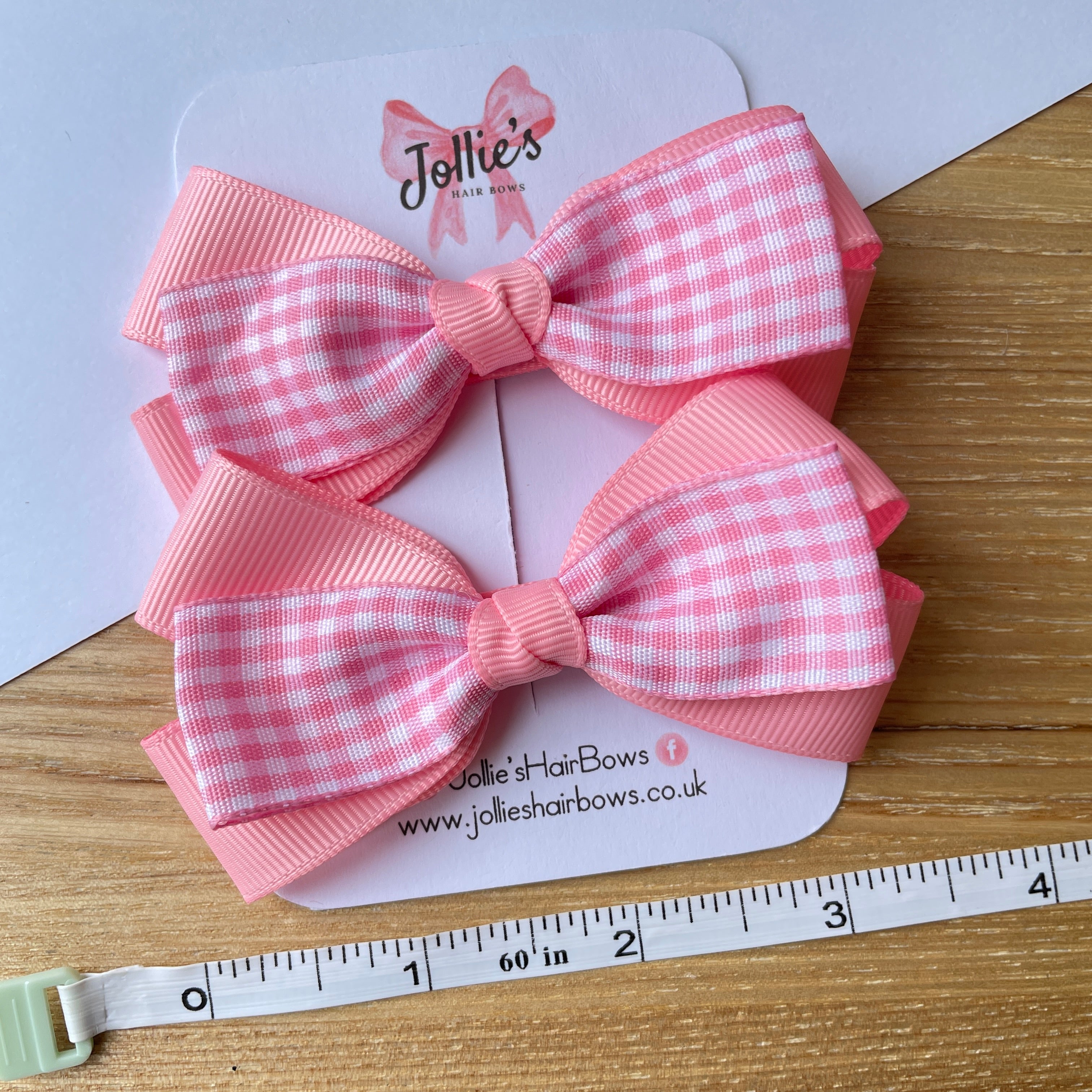 3.5" Pink Gingham Bow with Clip (Pair) – Grosgrain Ribbon Hair Bows for Girls