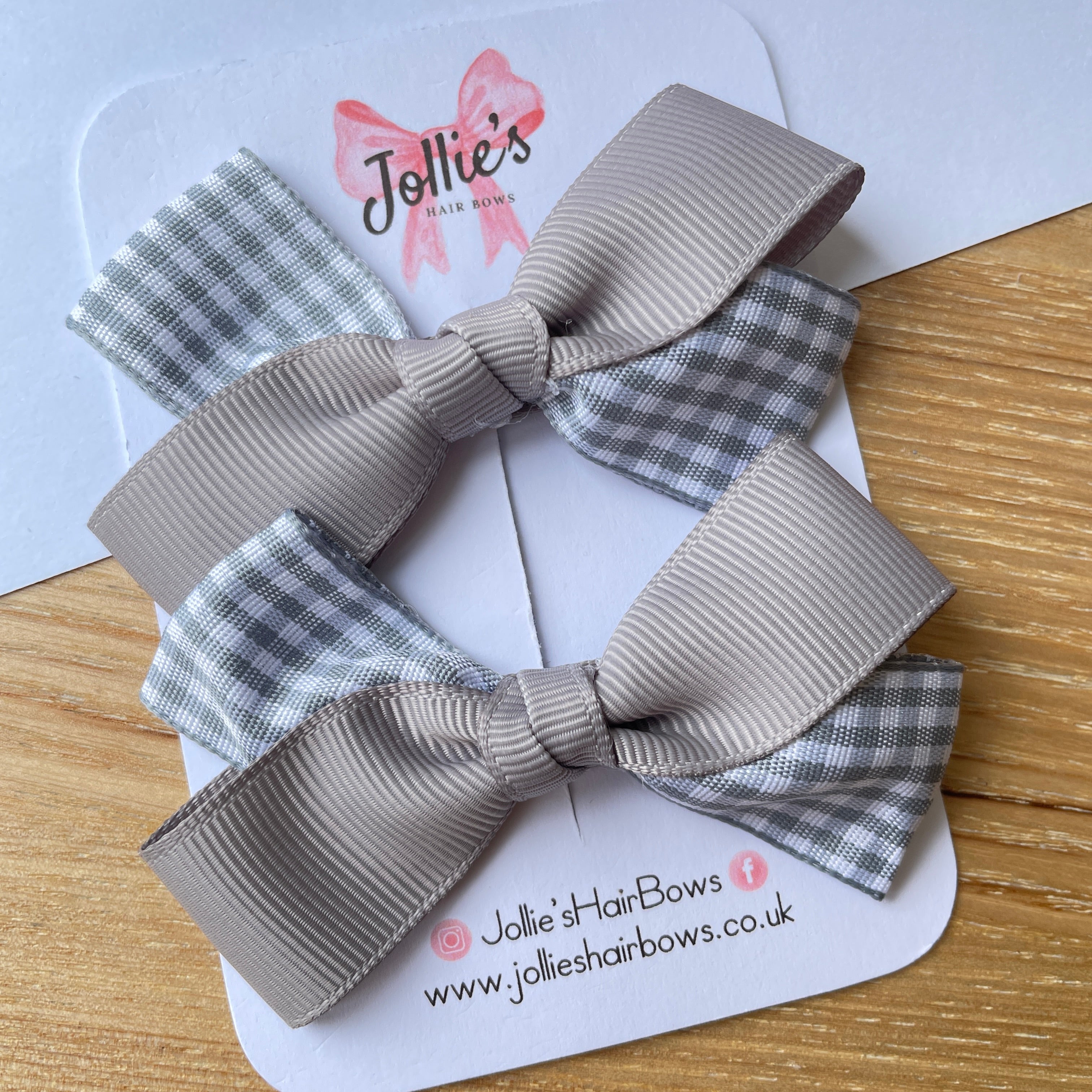 3" Silver Gingham Bow with Clip (Pair) – Grosgrain Ribbon Hair Bows for Girls