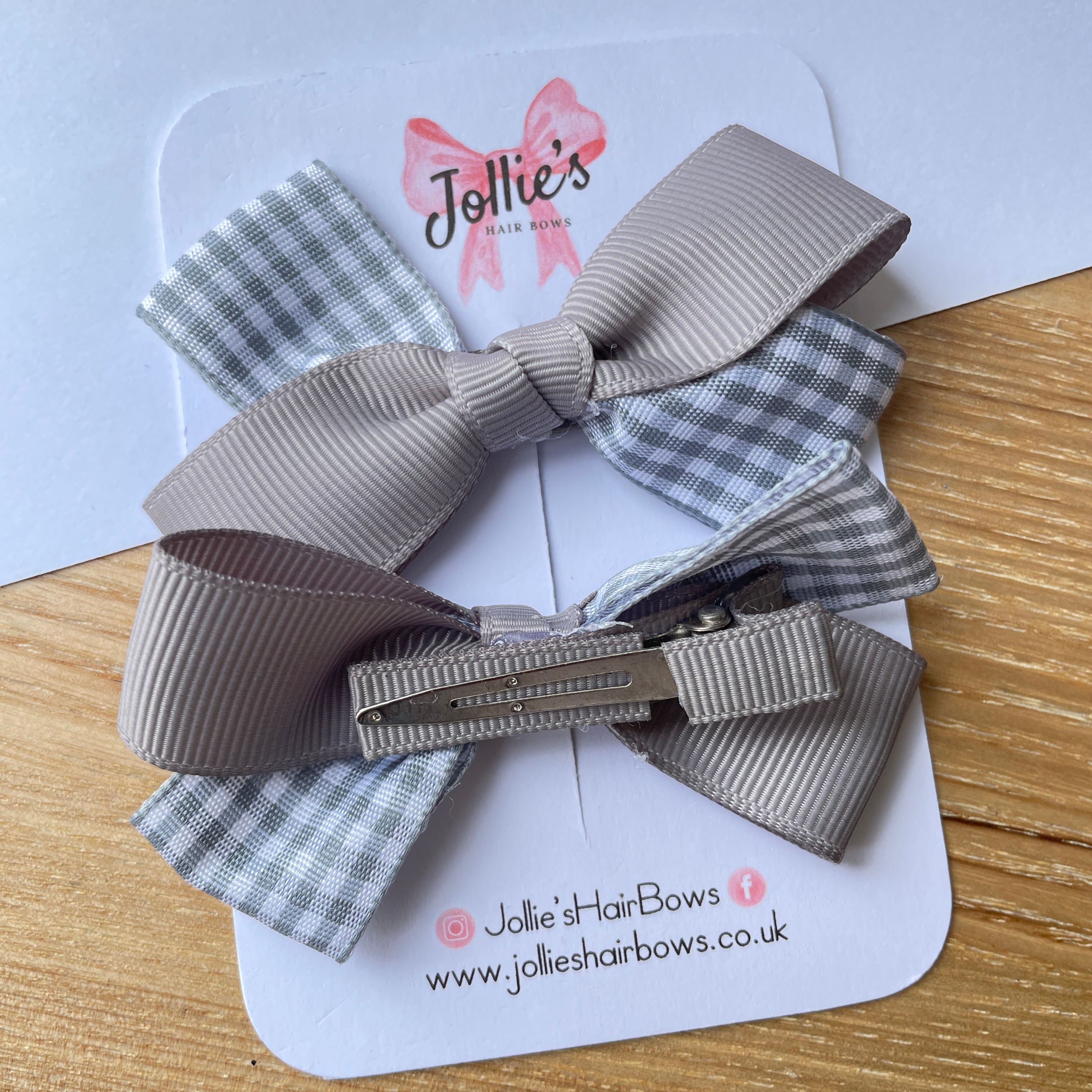3" Silver Gingham Bow with Clip (Pair) – Grosgrain Ribbon Hair Bows for Girls