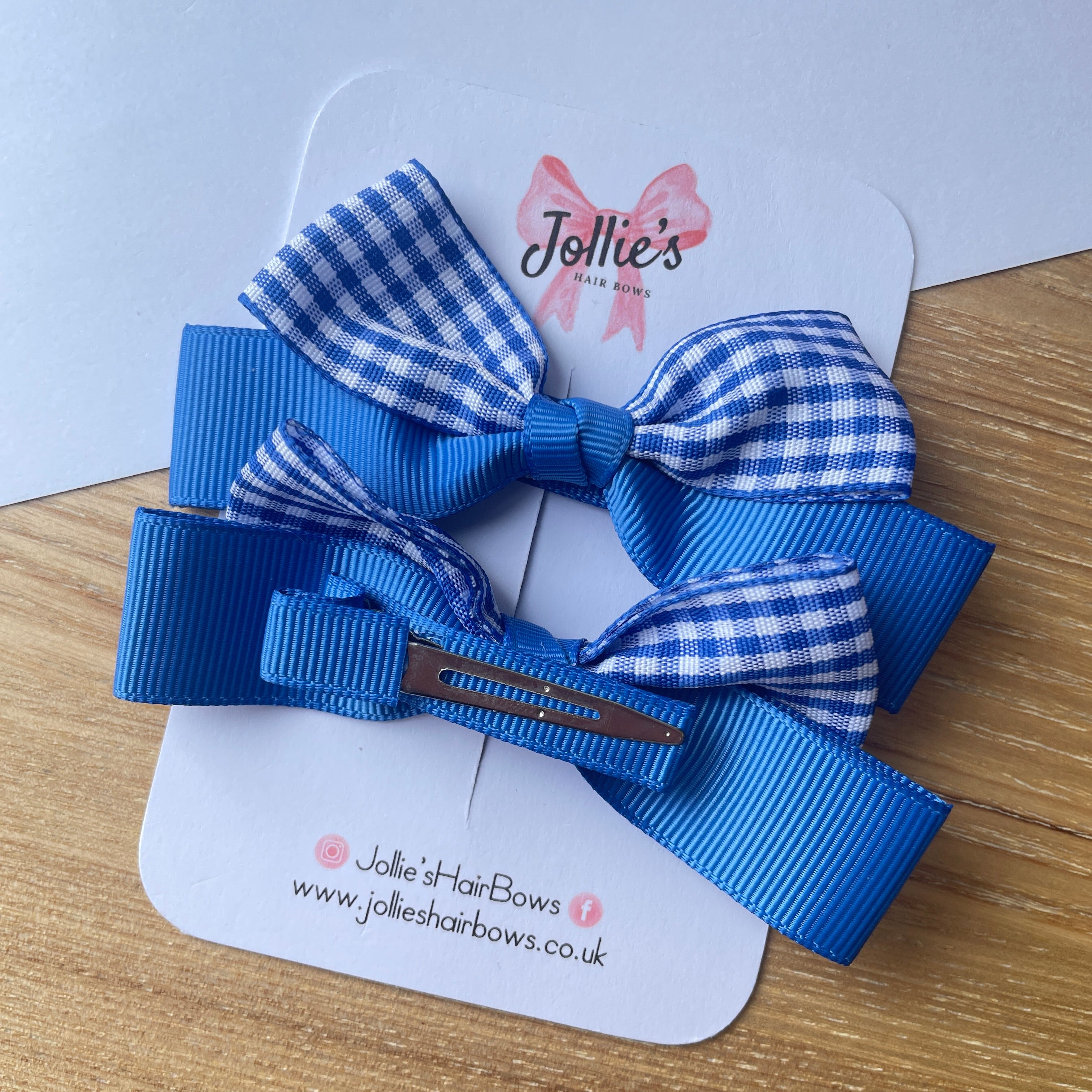 3.5" Royal Blue Gingham Ribbon Bow Clip Set – Hair Bows for Girls (Pair)